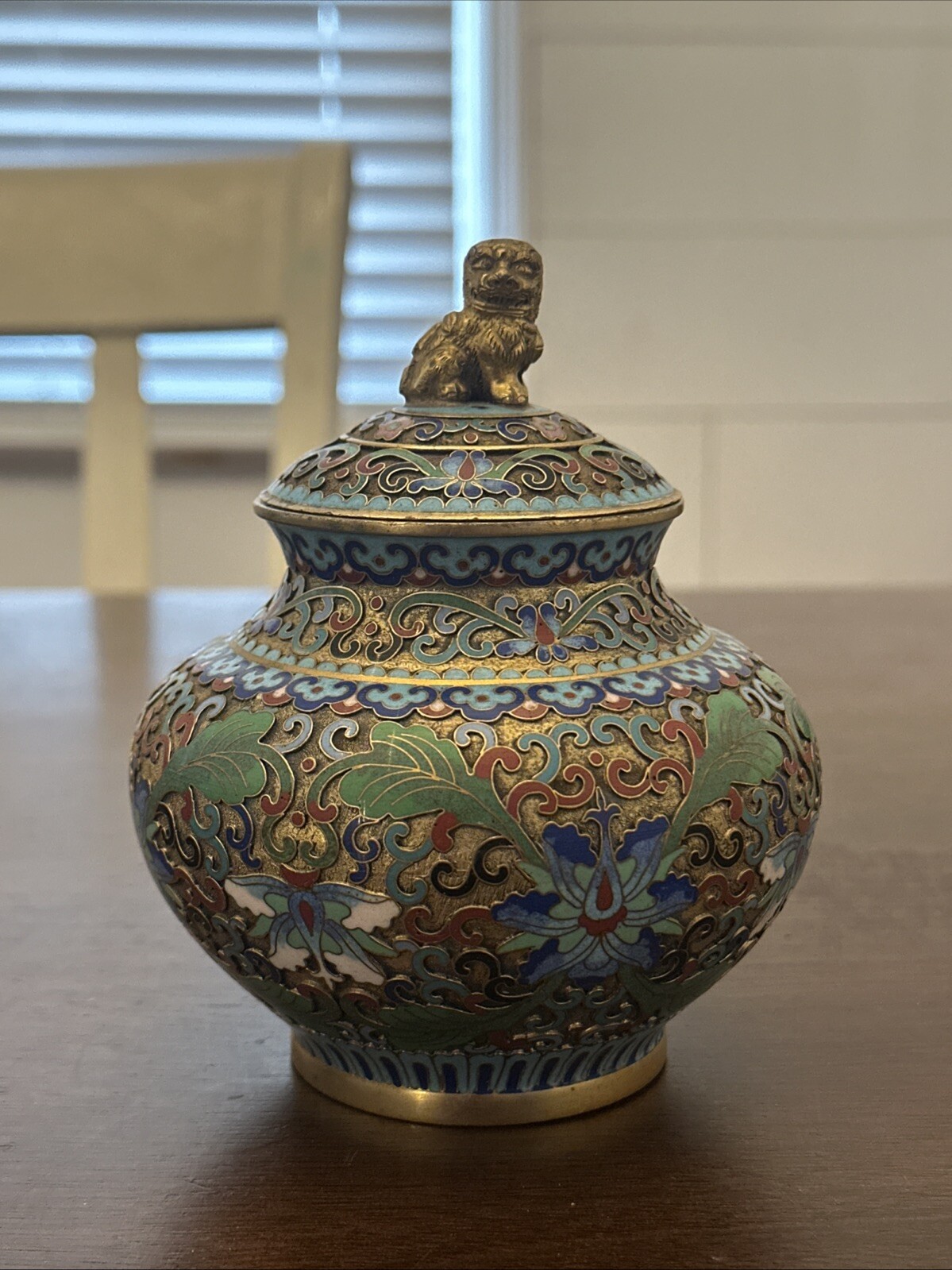 Chinese Handmade Enamel Vases Cloisonné Foo Dog H:5.5in W:4.5in Cir:14 Beautiful