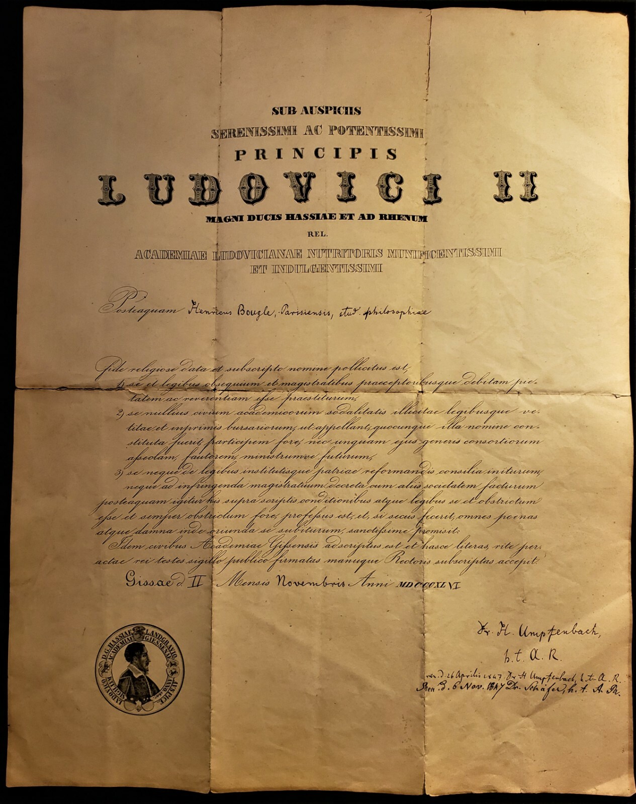 RARE DIPLOMA UNIVERSITY OF GIESSEN GERMANY 1846 SIGNED PR UMPFENBACH – LUDWIG II