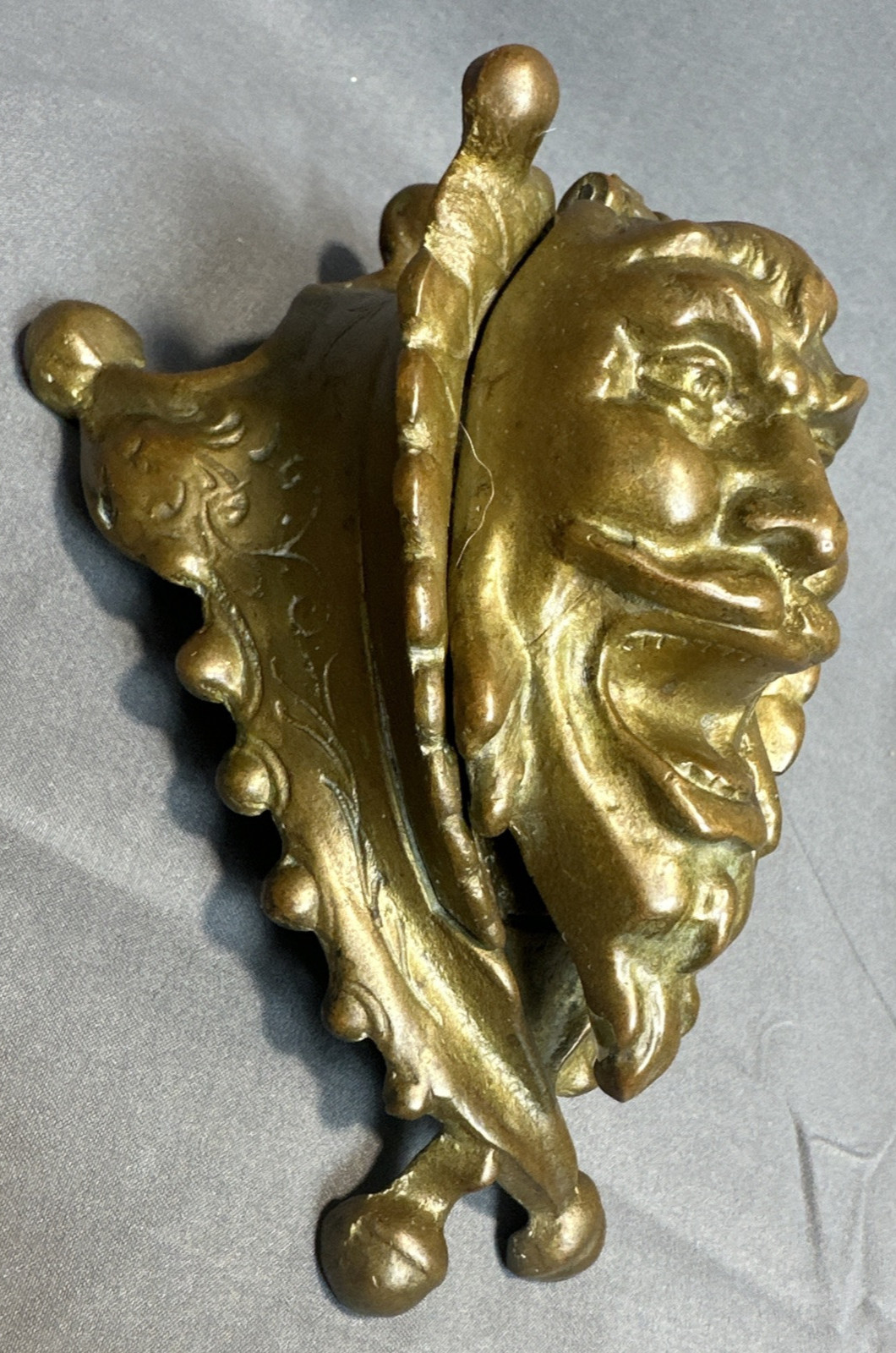 Antique Victorian Brass Grotesque Jester Figural Inkwell w Glass Insert Gothic