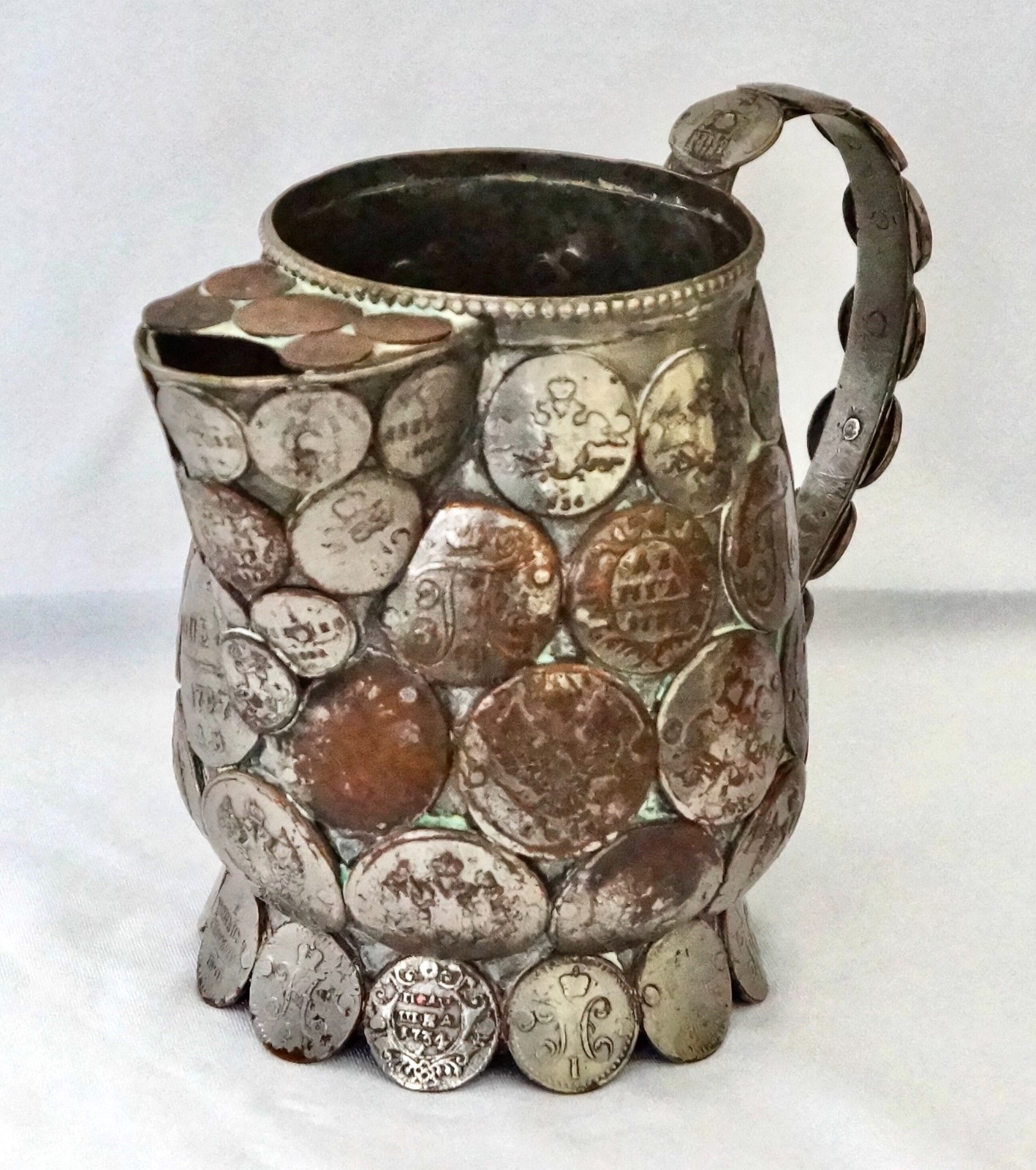 Russian Silver Jug Trophy Mounted with 73 18th/19th Century Russian Copper Coins