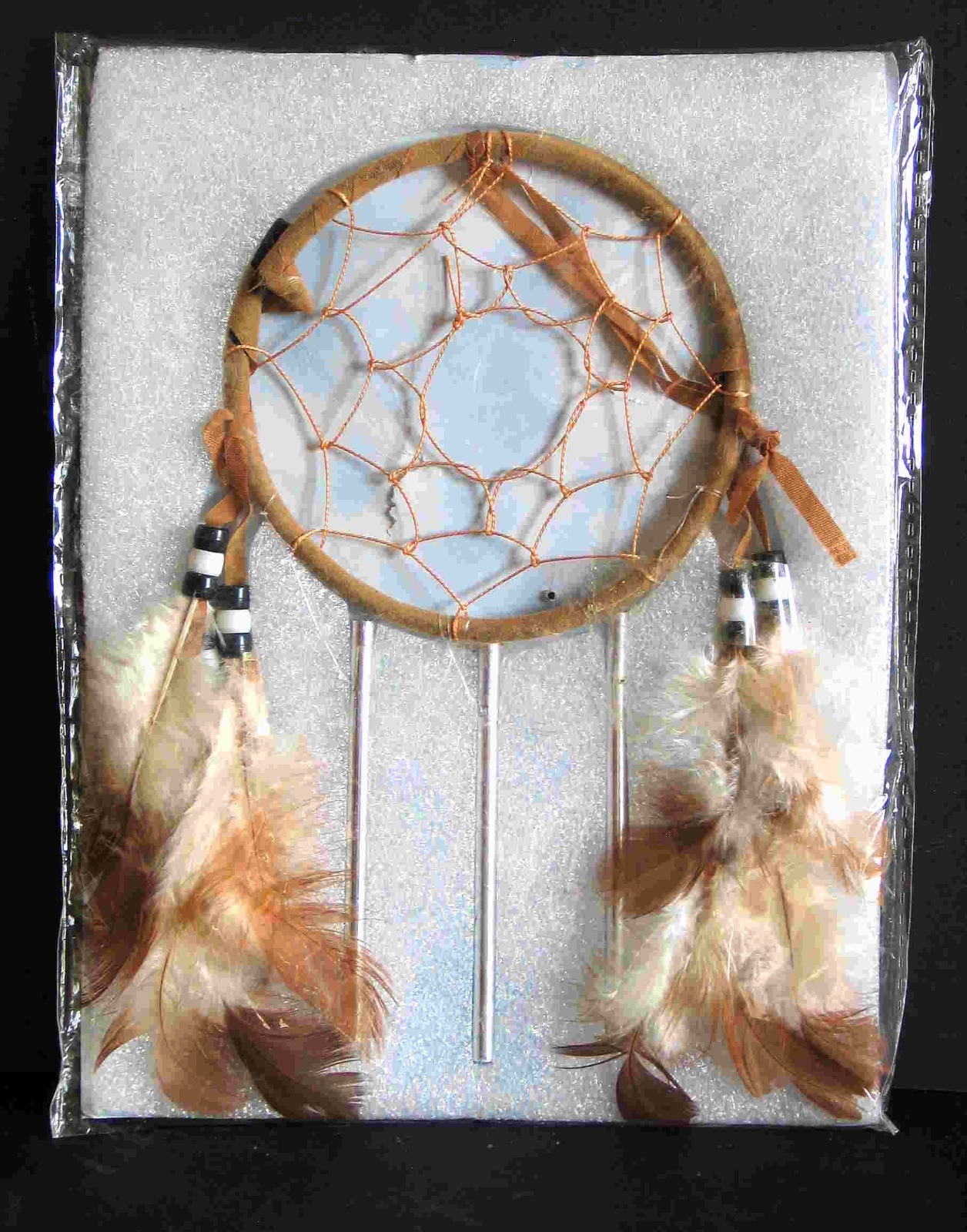 Dreamcatcher Brown and White Beads Feathers Chimes New Sealed Package FREE SH