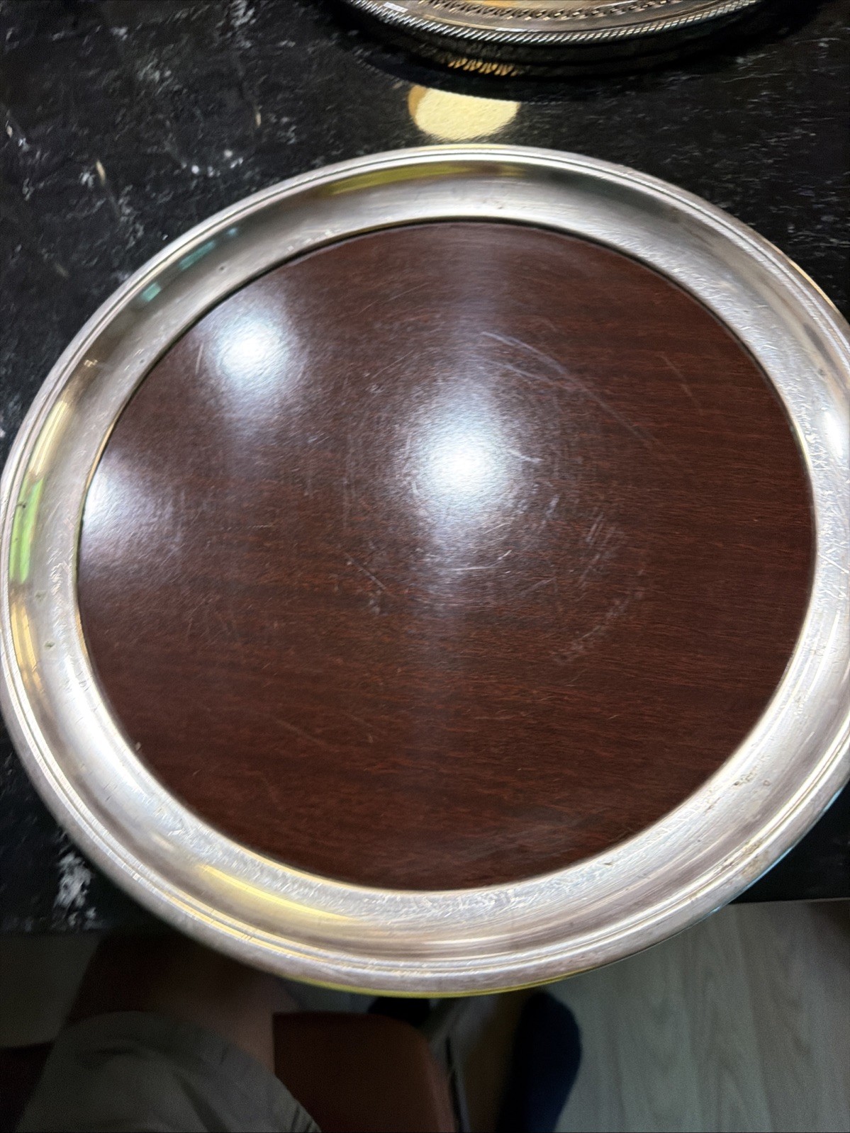 Mid -Century Crescent Silver Plated 10” Round Formica Serving Tray Platter Orig