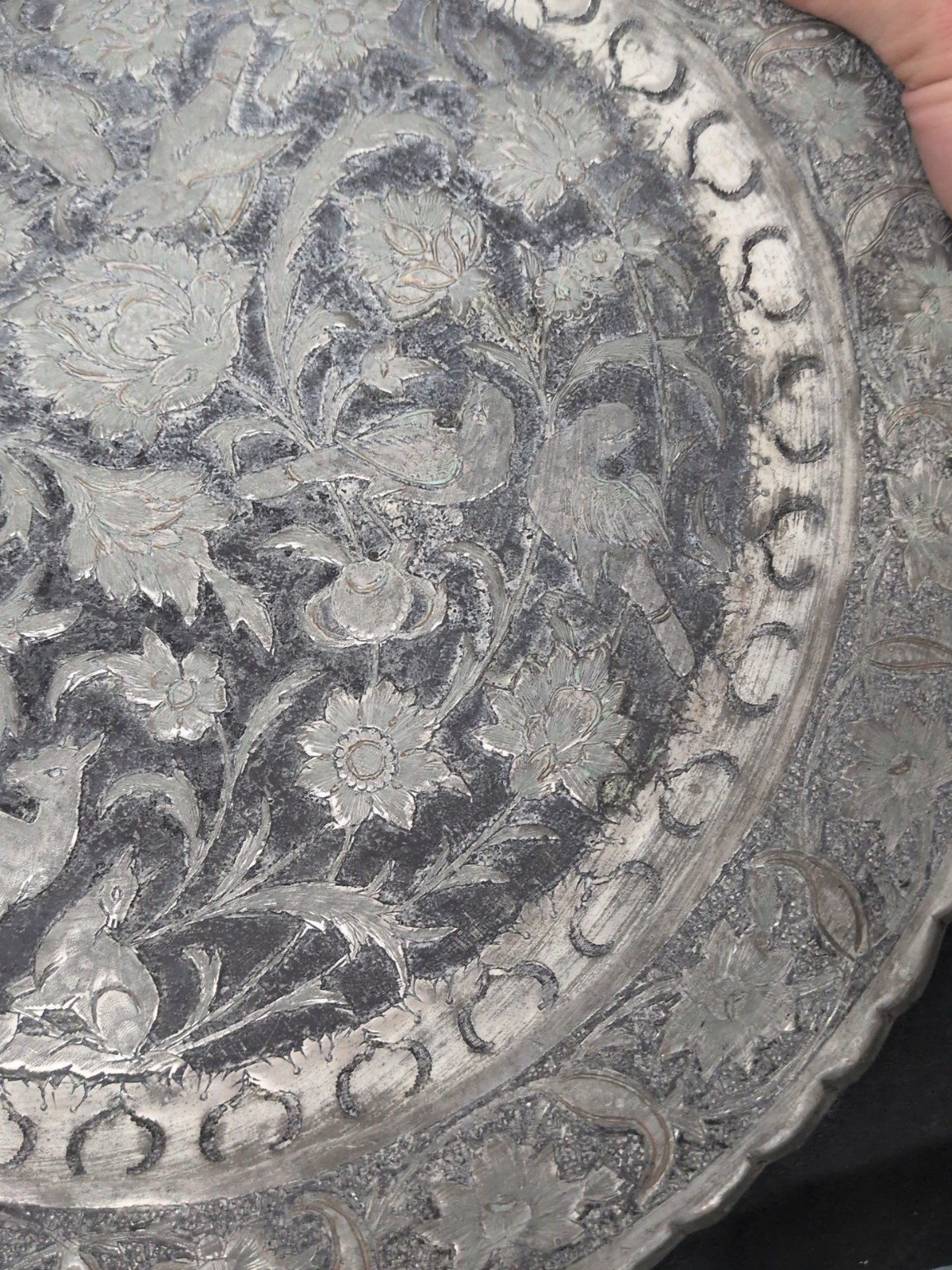 Rare Deer flora birds pattern Brass Silver Metal Middle Eastern Persian Tray 15″