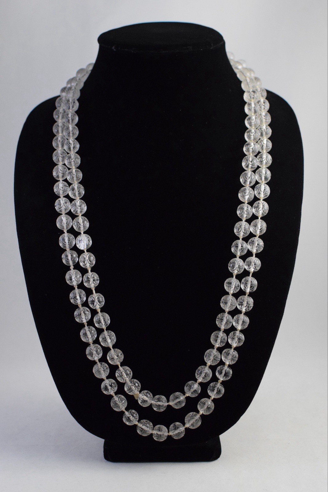 VTG RARE Art Deco Chinese Hand Carved Shou Longevity Rock Crystal Necklace 60”