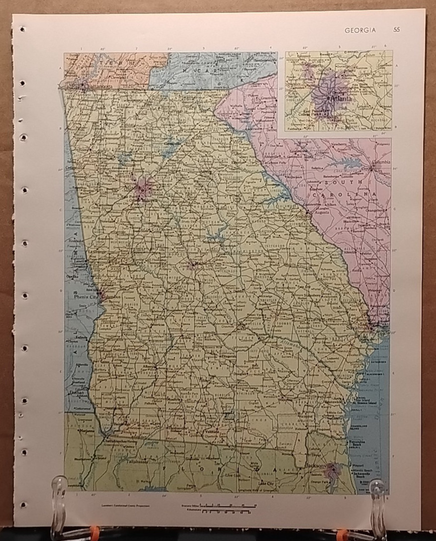 1966 Vintage GEORGIA Authentic Old MCM Atlas Map – Rand McNally World Atlas