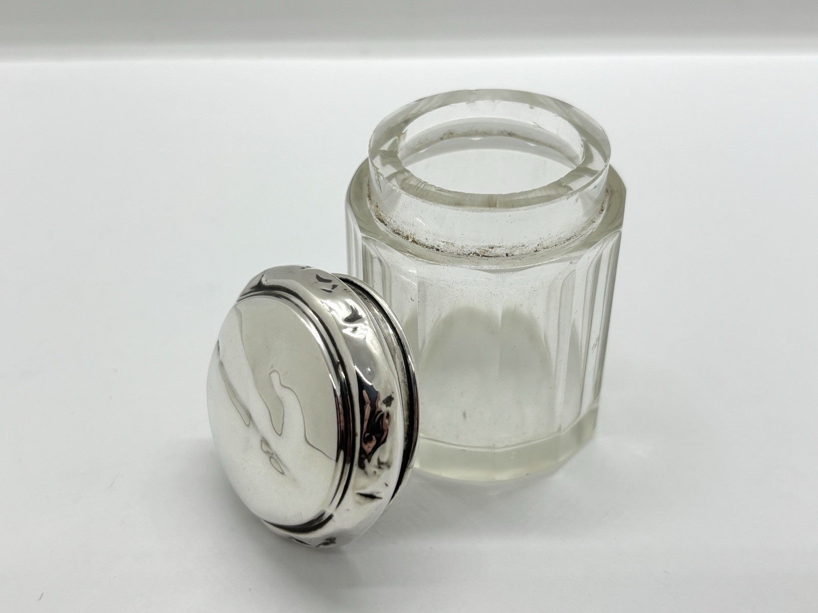 Small Antique 1920s Solid Sterling Silver Topped Glass Dressing Table Bottle Jar