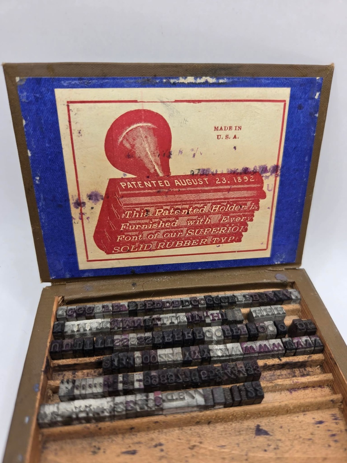 Antique Superior Solid Rubber Type Set w/ Box Patented Aug. 23 1892 Complete