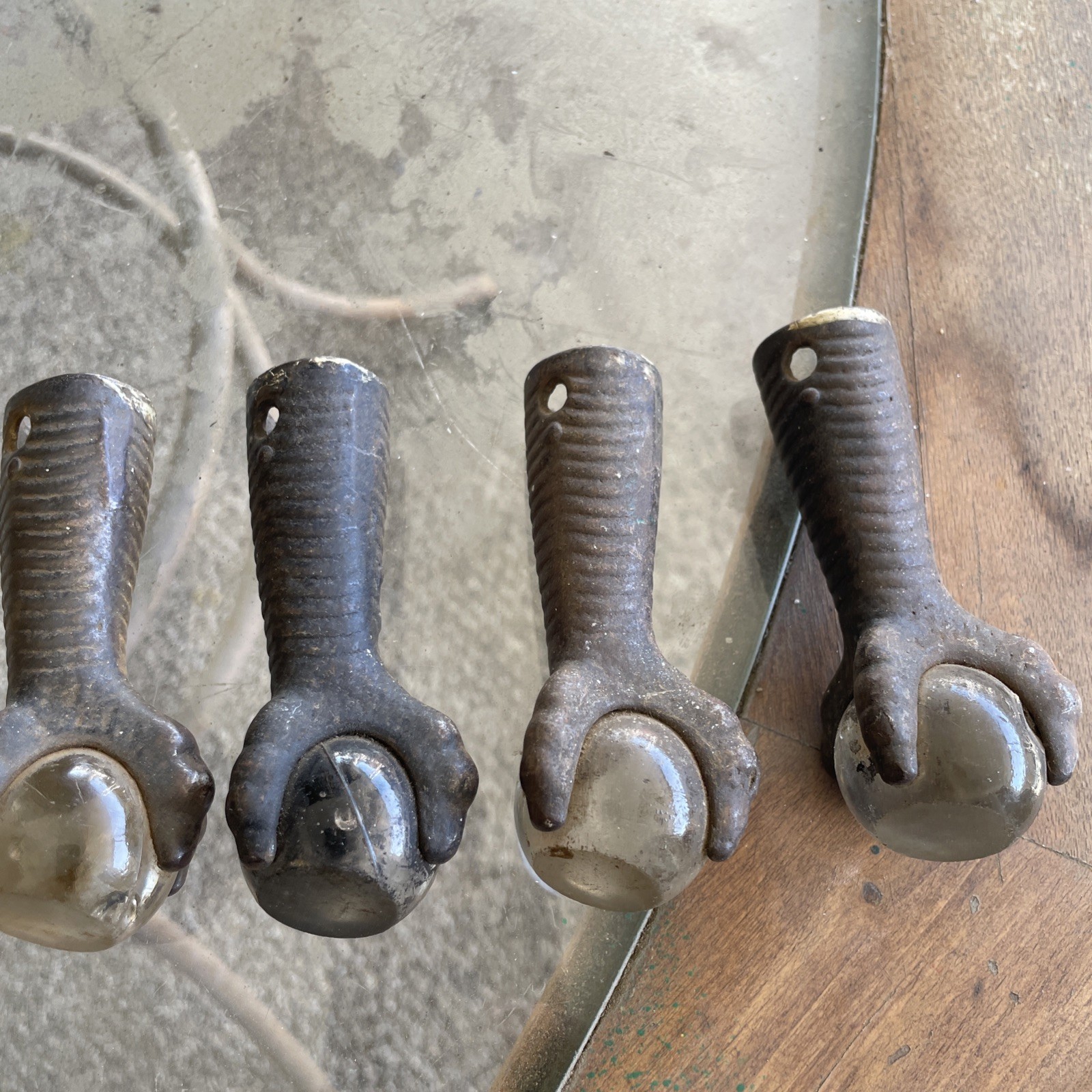 Antique Original Cast Iron Eagles Claw and Glass Ball Furniture Feet lot of 4
