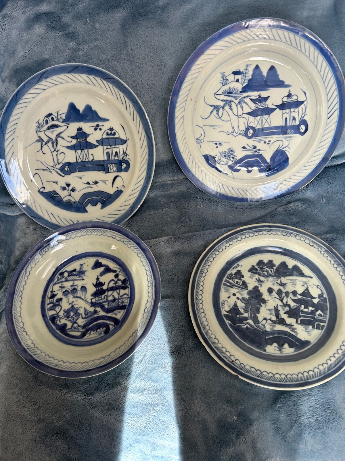 as is 4 canton blue Chinese Export Porcelain plates 3 marked China 1 unmarked