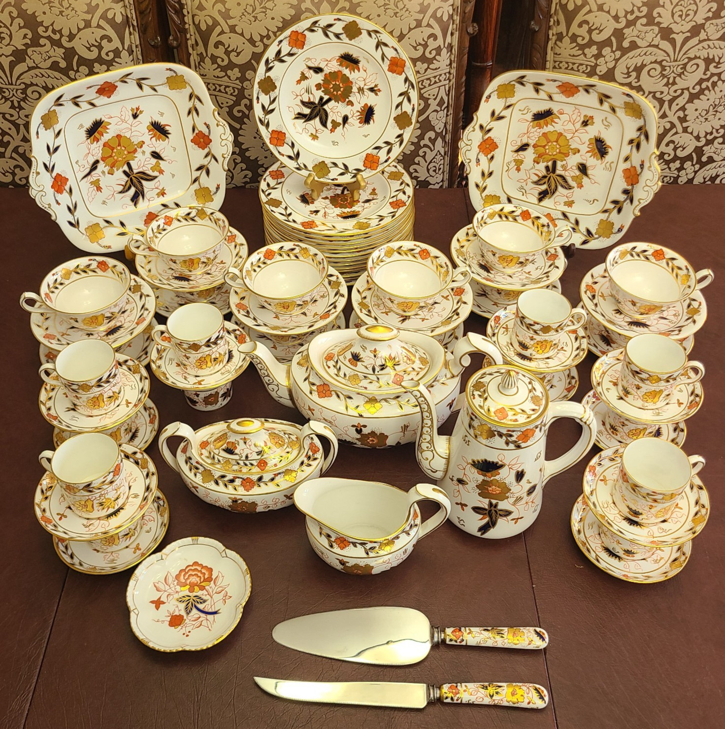 ROYAL CROWN DERBY Asian Rose 8687 Coffee/Dessert Set of 12 w/Serving Pieces 73pc
