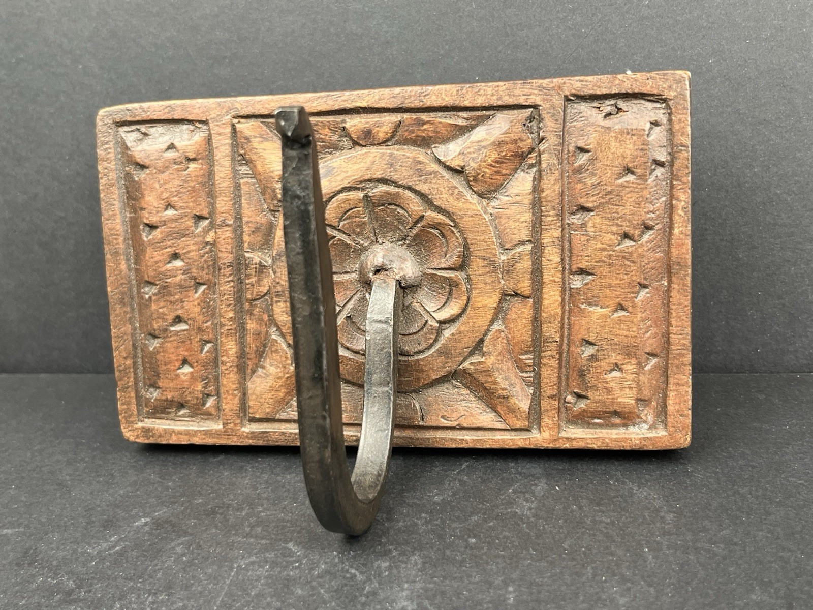 Antique Carved Wooden Wall Hook w/ Hand-Forged Iron Hook Folk Art