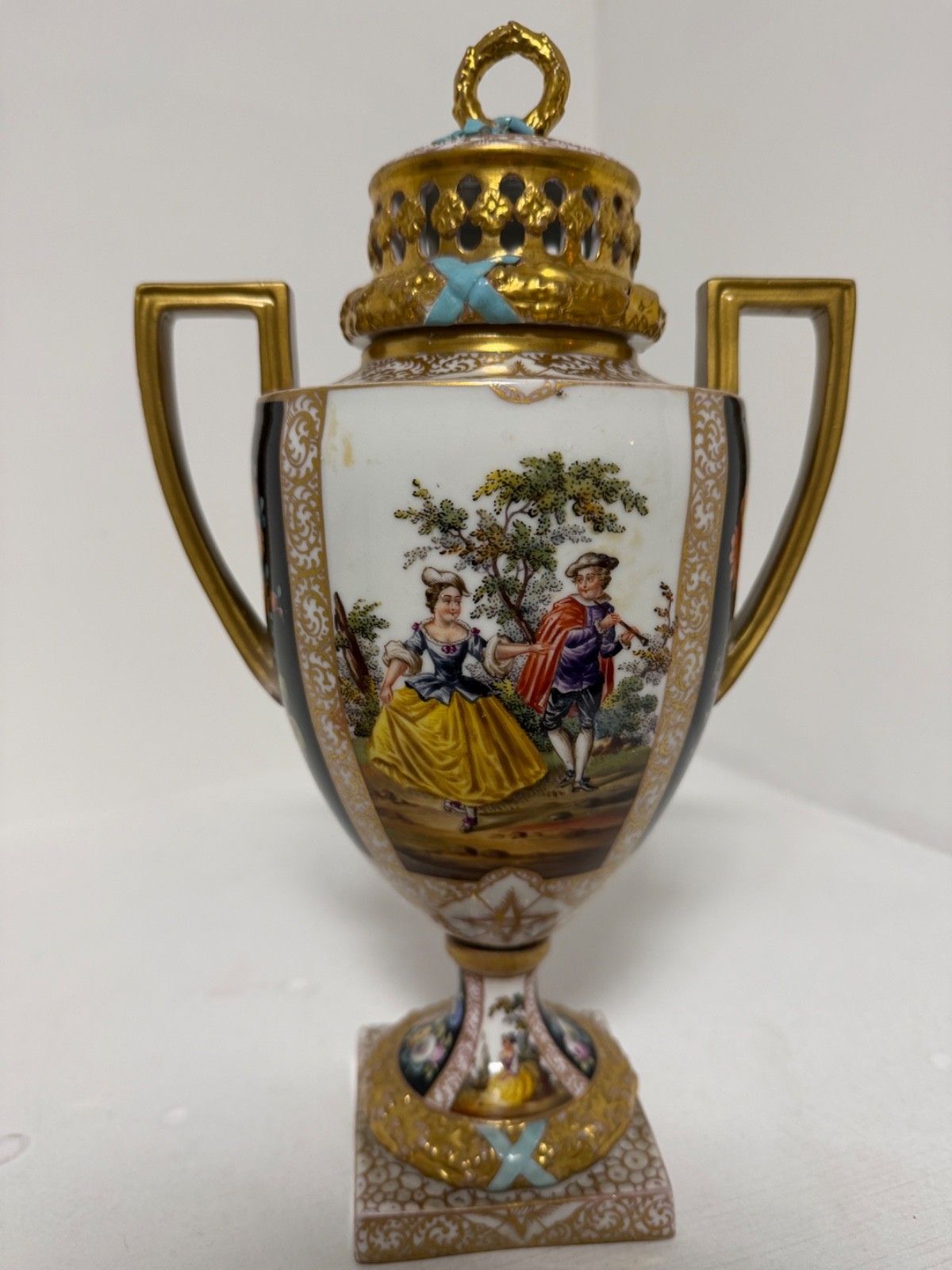 Antique Dresden Cobalt Blue Gold Gilt Hand Painted Lidded Urn Vase c.1900