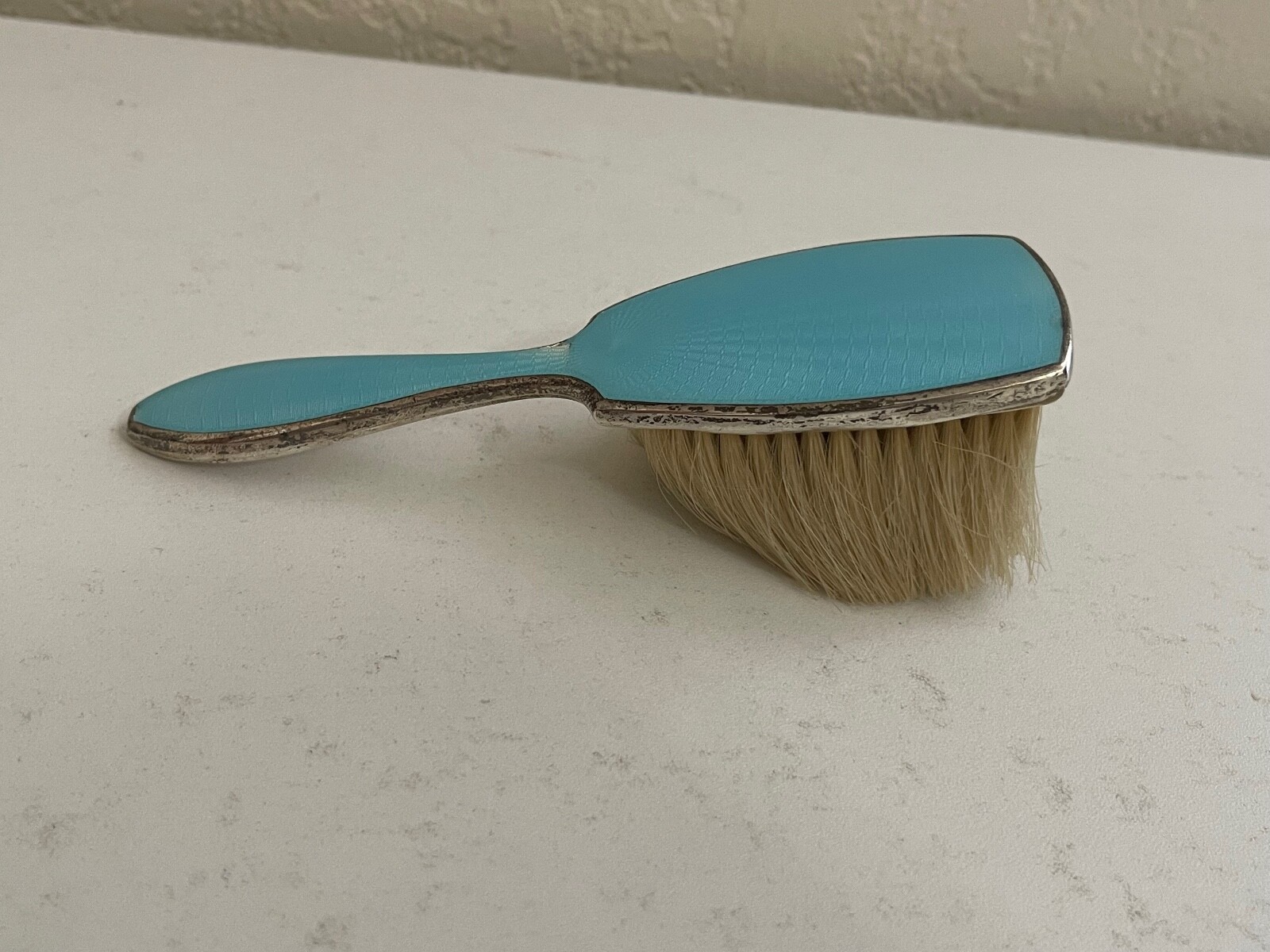 Antique Sterling Silver & Blue Guilloche Enamel Small Brush