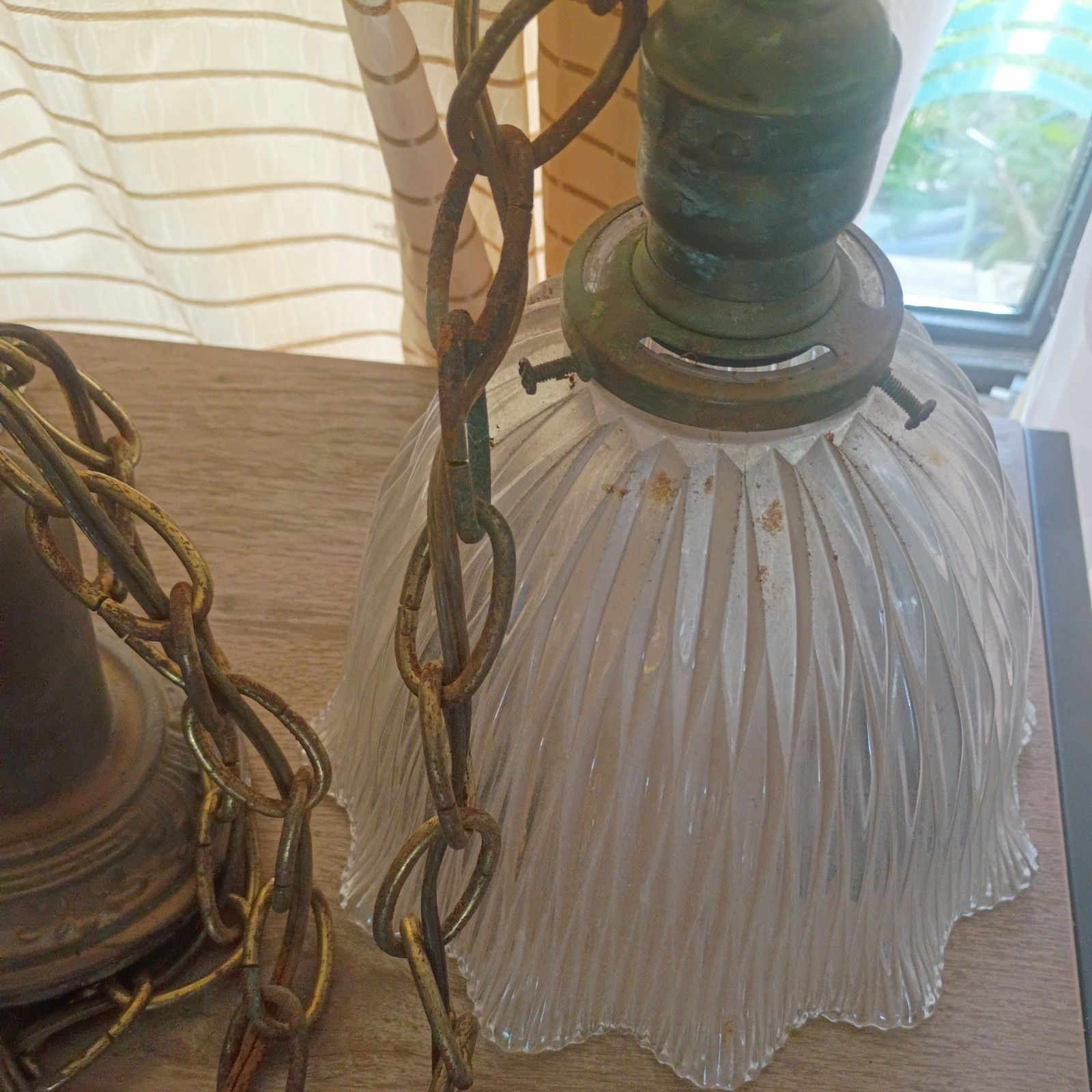 Wired Pair Antique Brass Pendant Lights Fixtures Clear Shades 55B