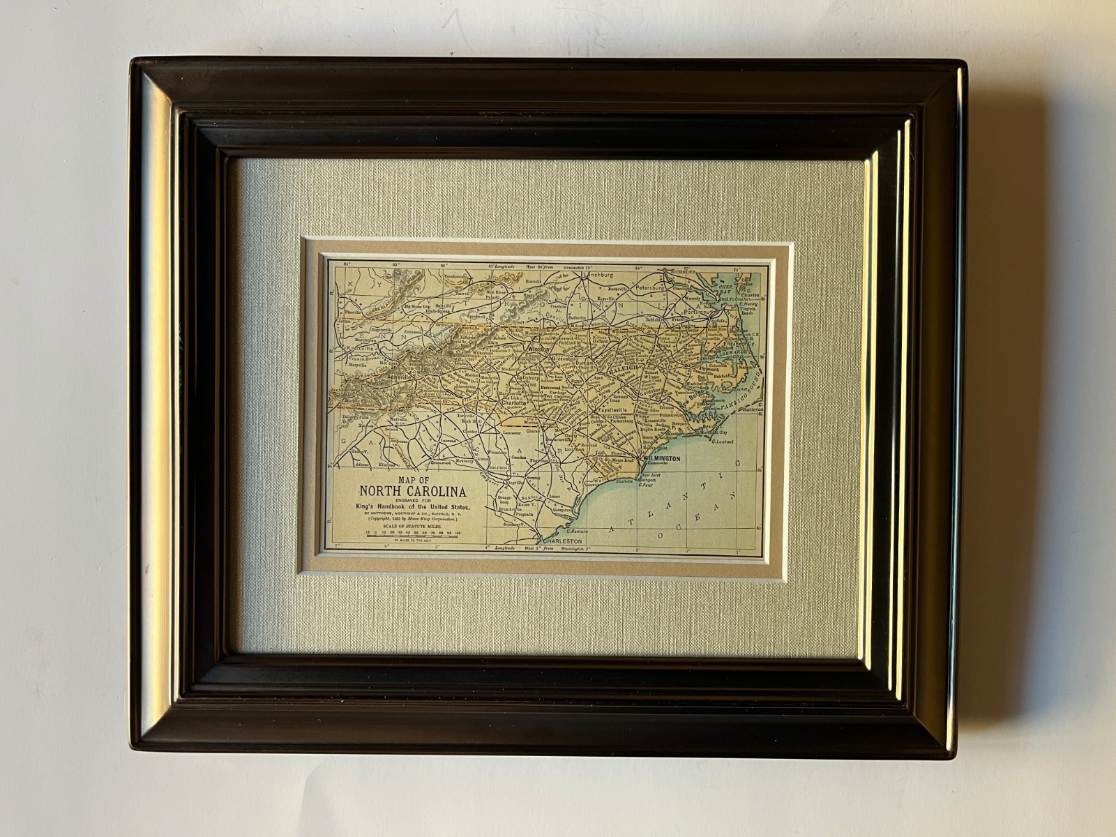 1891 NORTH CAROLINA “Copper” Map by Matthews-Northrup Co Frame/Mat SEE DESCRIP