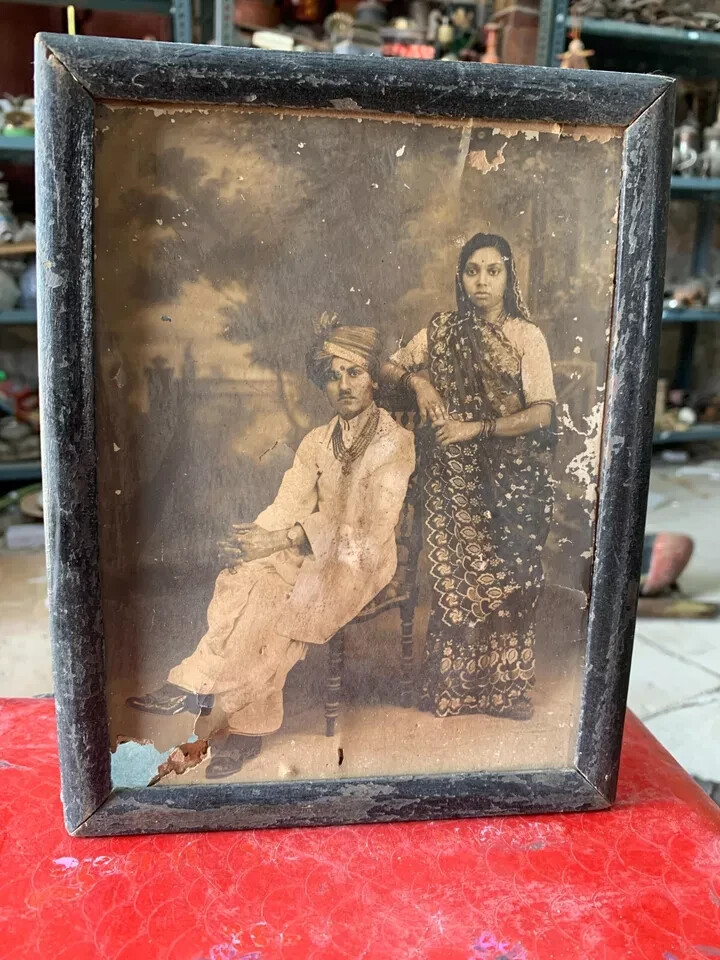 Vintage Indian Couple Man Woman Portrait Tinted Black & White Photograph Framed