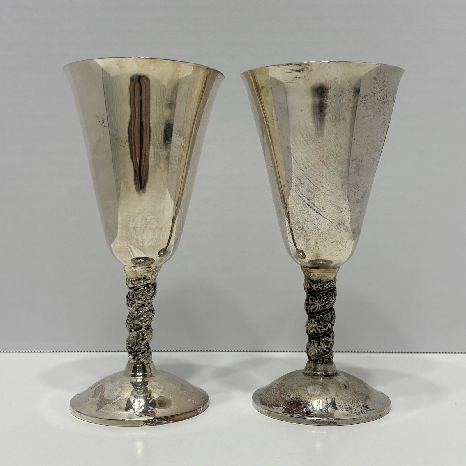 2x Plator Spain Silver Grapevine Twist Stem Vintage Goblets (1 has a crack)