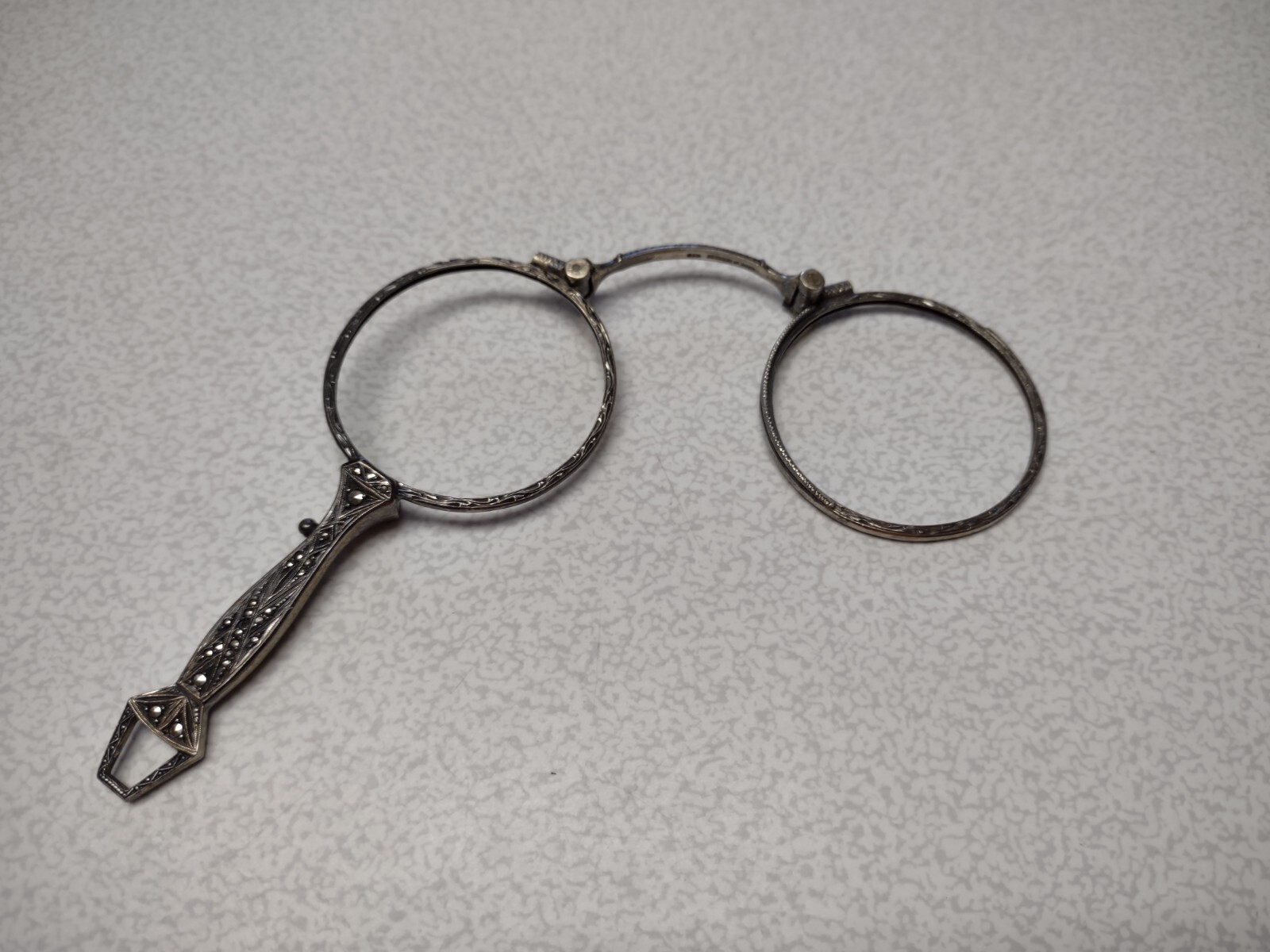 Antique Pair of German 835 Silver Folding Lorgnette Glasses w/ Marcasite Stones
