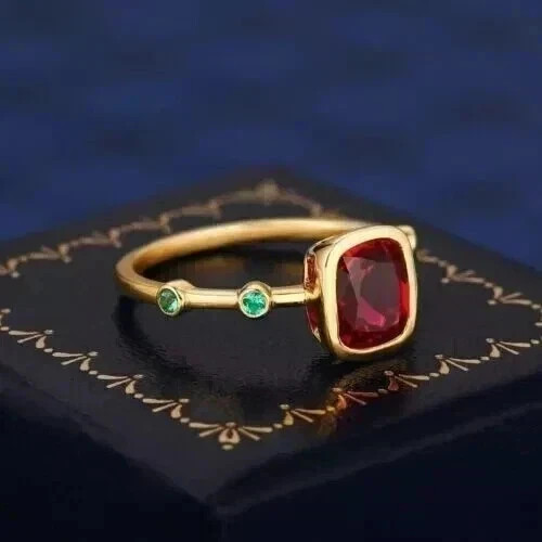 2Ct Cushion Cut Lab Created Ruby & Emerald Wedding Ring 14K Yellow Gold Plated