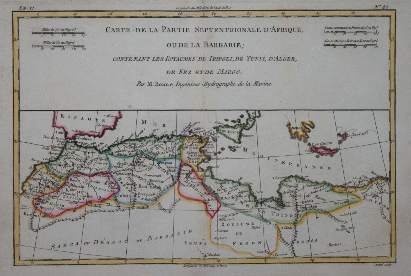 NORTH AFRICA – MOROCCO, ALGERIA,TUNISIA & LIBYA, BY R BONNE, 1780.