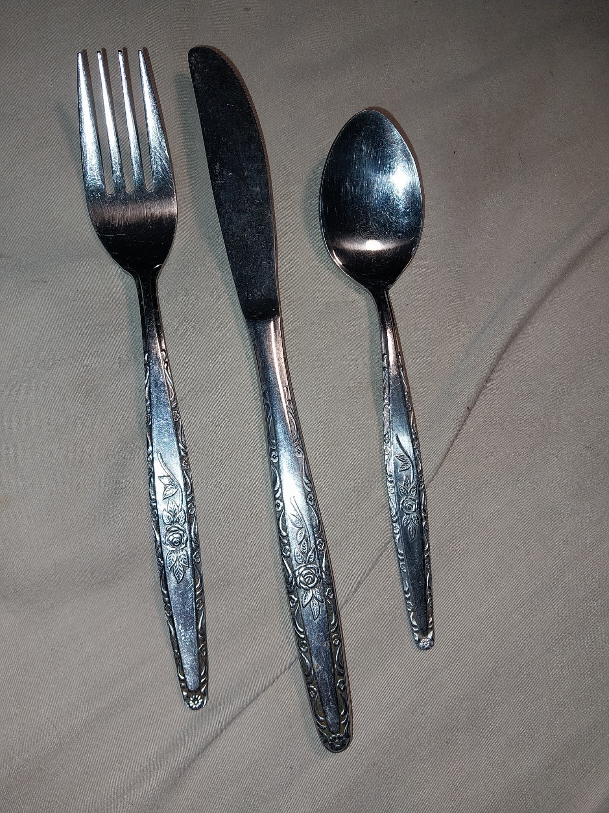 1 Knife, 1 Fork & 1 Spoon Stainless Steel Japan Used Floral Pattern