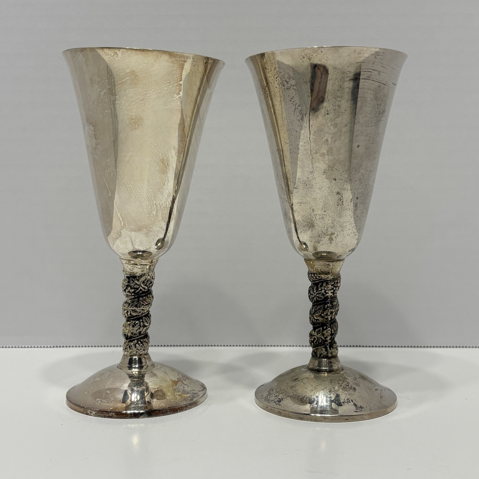 2x Plator Spain Silver Grapevine Twist Stem Vintage Goblets (1 has a crack)