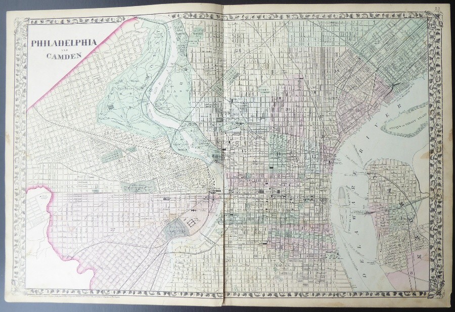 1873 Mitchell’s Atlas Original Map #23 Philadelphia and Camden Double Page