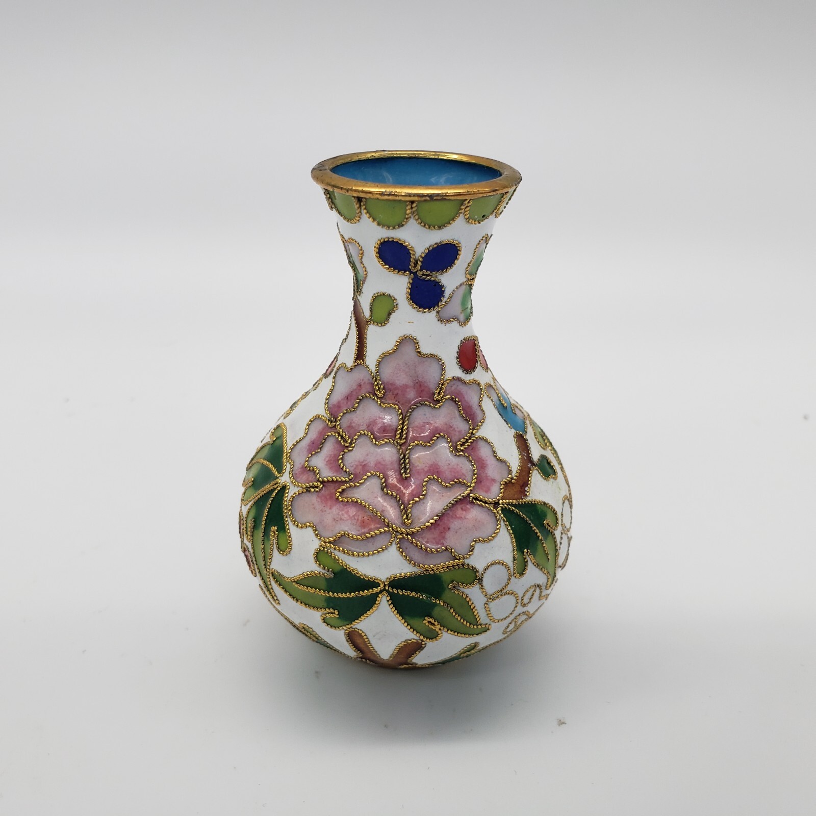 Miniature 2.75″ Cloisonné’ Floral White Vase ~ Chrysanthemum