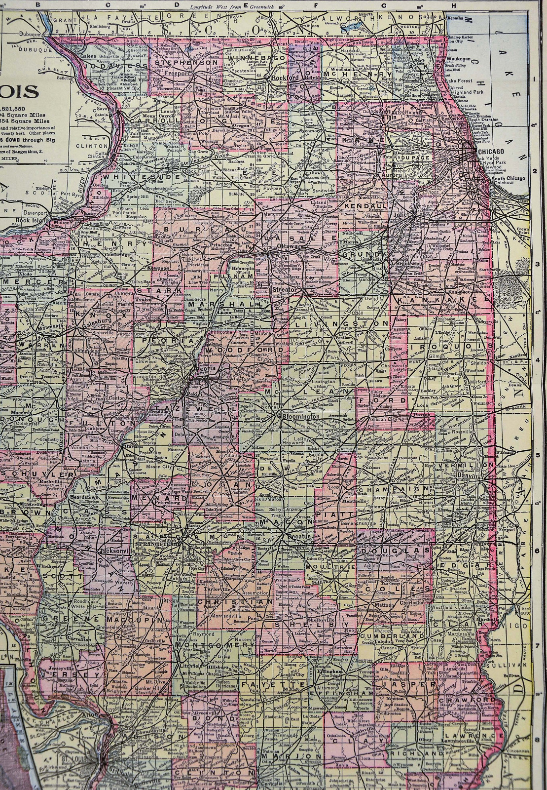 1898 Mathews Northrup Map Illinois Chicago Springfield Peoria Decatur 14×22