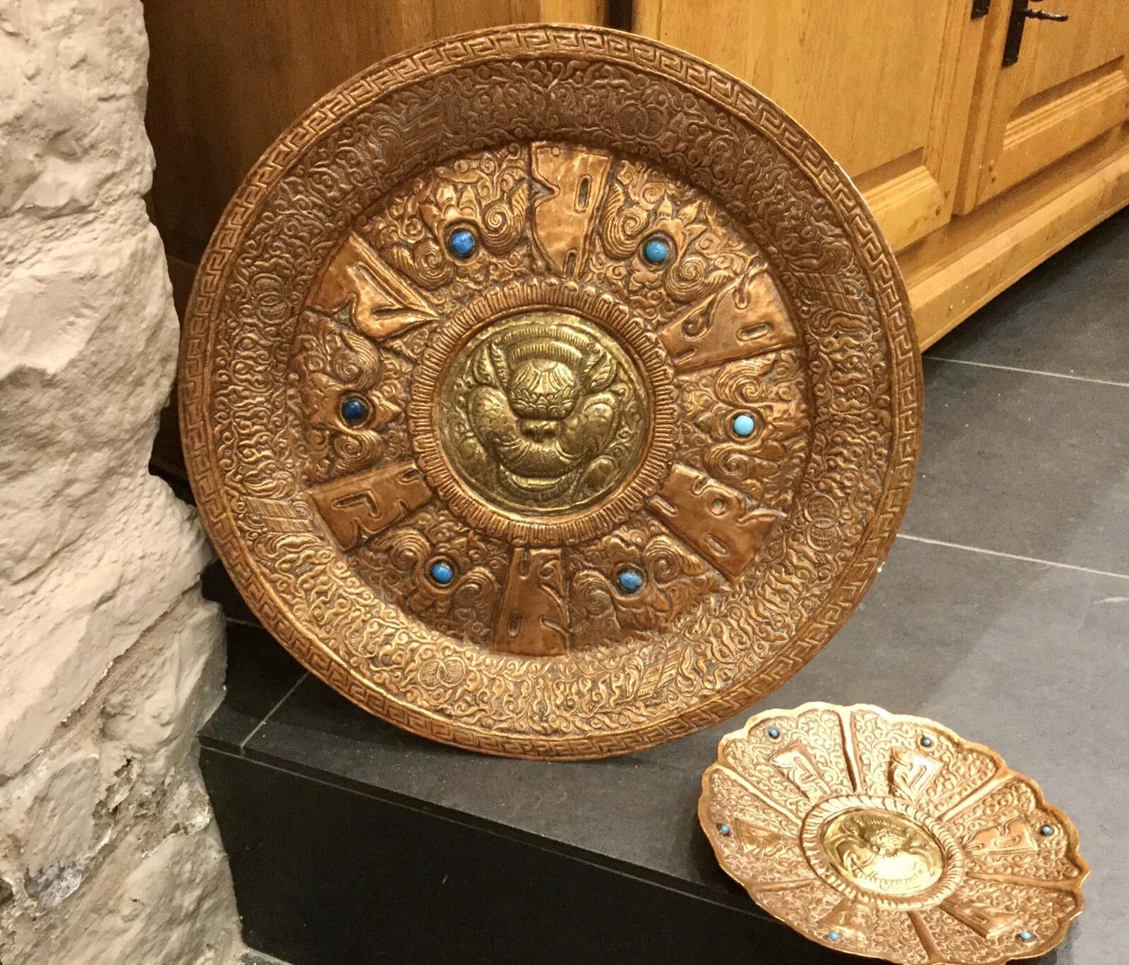 Antique Tibetan Copper & Brass Wall Charger Tray Temple Lion And Wall Hanging.