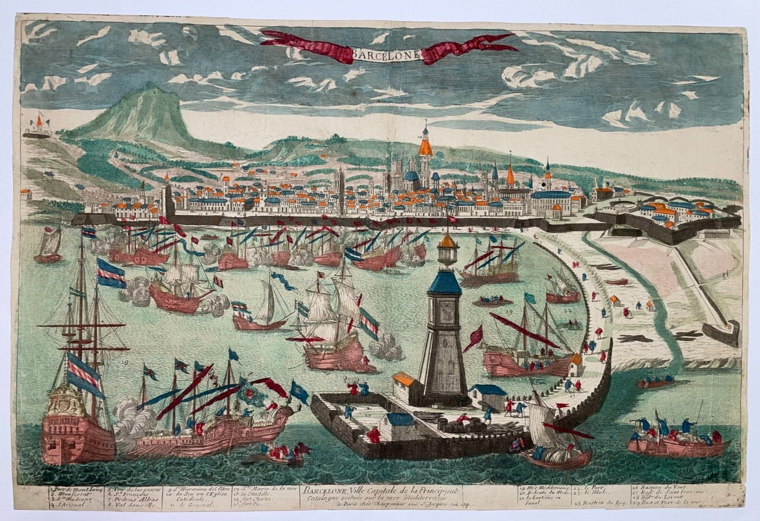 BARCELONA SPAIN c. 1720 Pierre AVELINE UNUSUAL LARGE ANTIQUE VIEW 18TH CENTURY