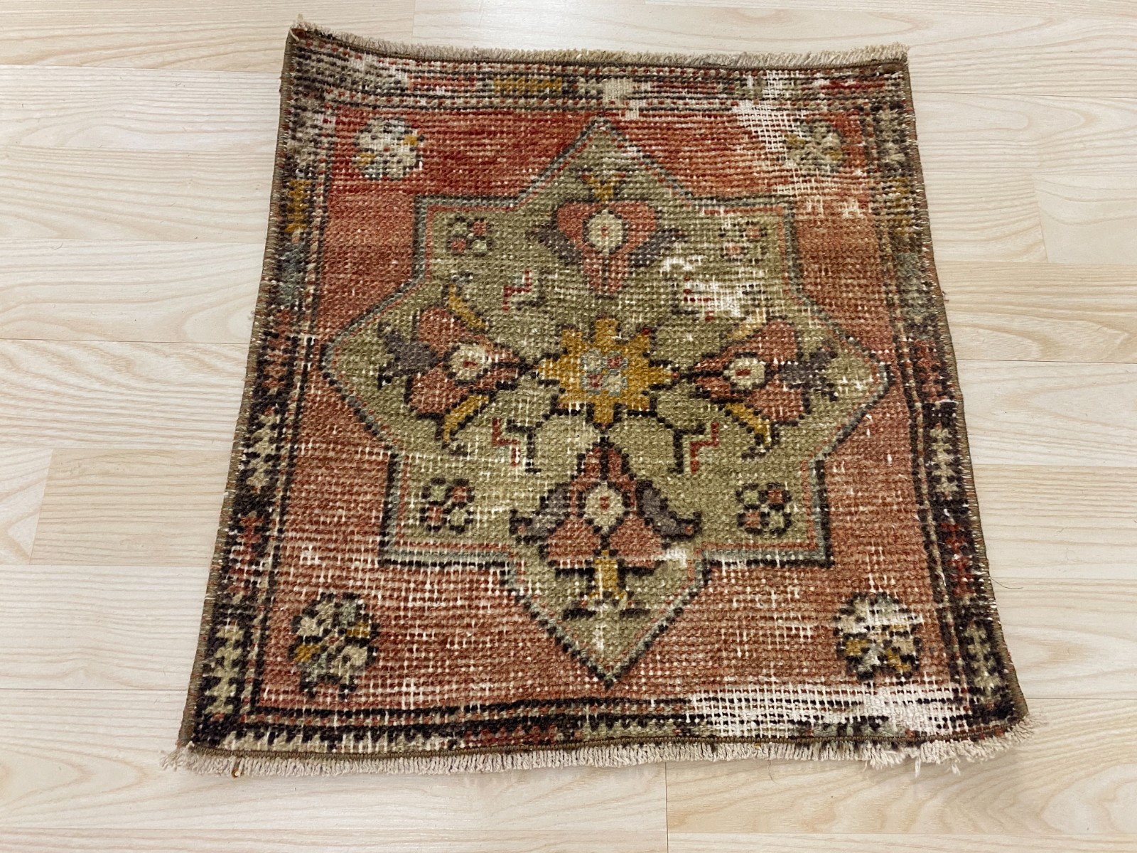 Antique Turkish Rug 1.3×1.4 ft Vintage Terracotta Olive Square Mat Boho Decor