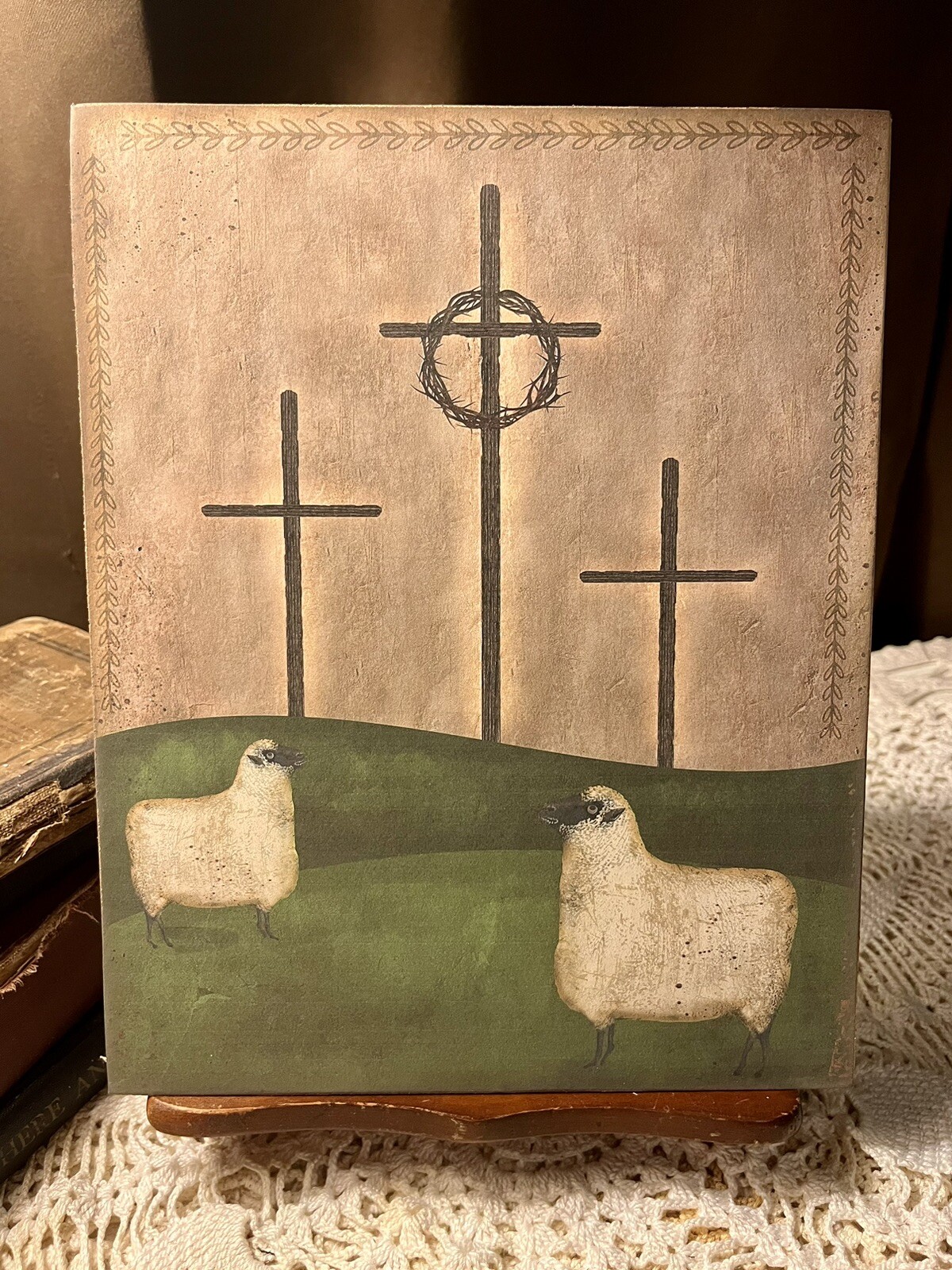 PRIMITIVE Folk Art, Sheep & Crosses, Artist Canvas Board Sign