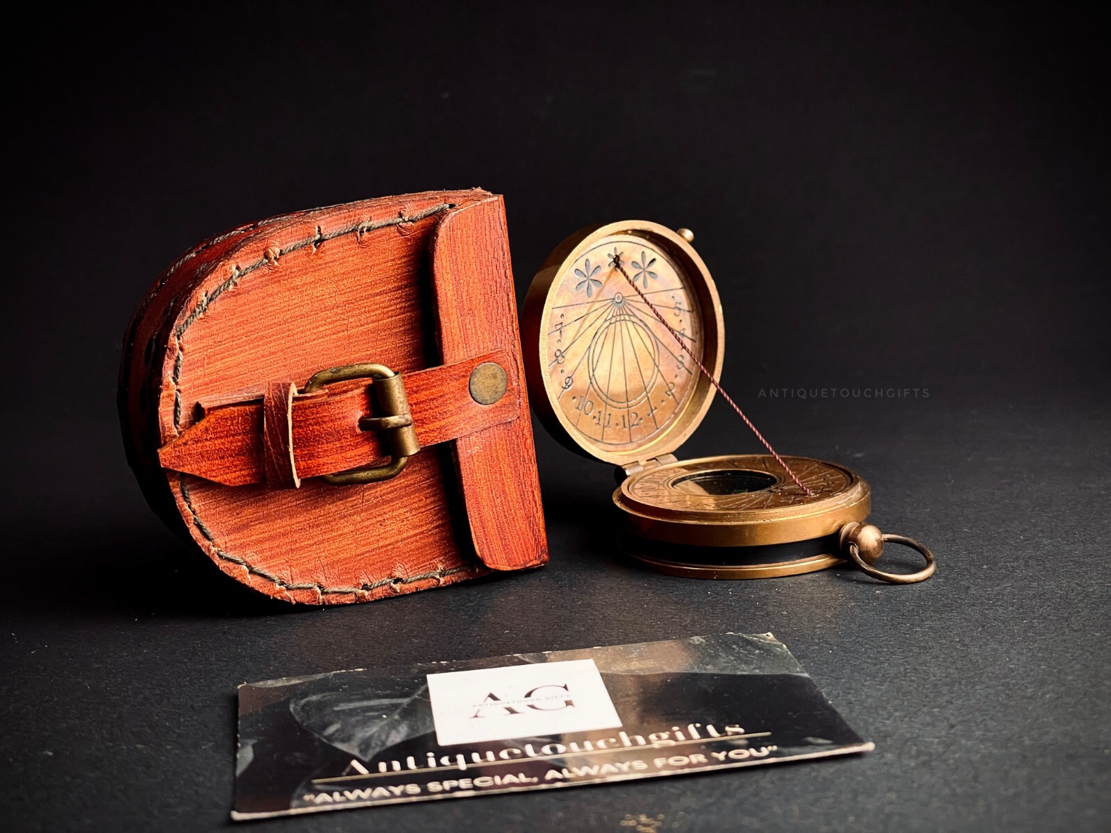 Handmade Antique Thread Brass Compass Nautical with Leather Case Pocket Sundial