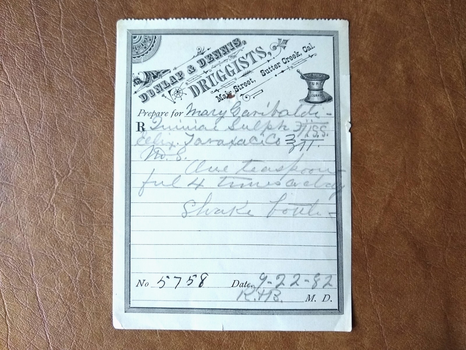 Antique 1882 Prescription Dunlap & Dennis Druggists from Sutter Creek California