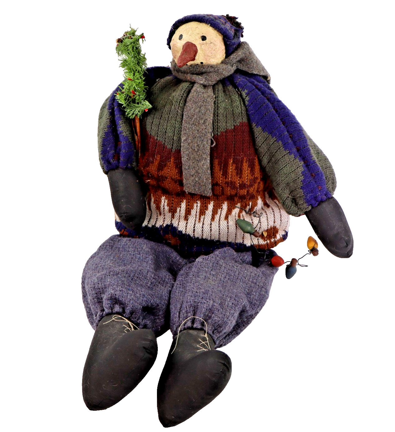 Vtg artist Snowman doll Xmas Folk Art Shelf Sitter prim OOAK April Cummins 23″