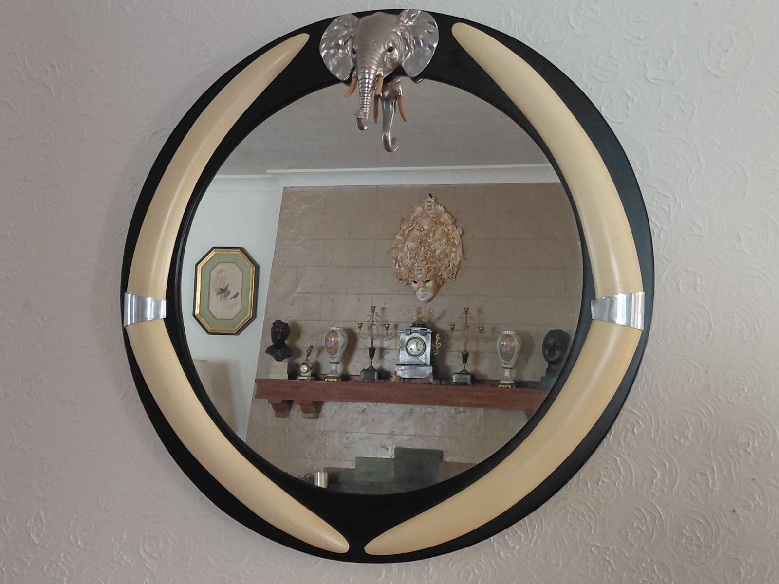 Vtg 1970s Faux Elephant Tusk & Silver Mount Elephant Head Wall Mirror 26″ D VGUC