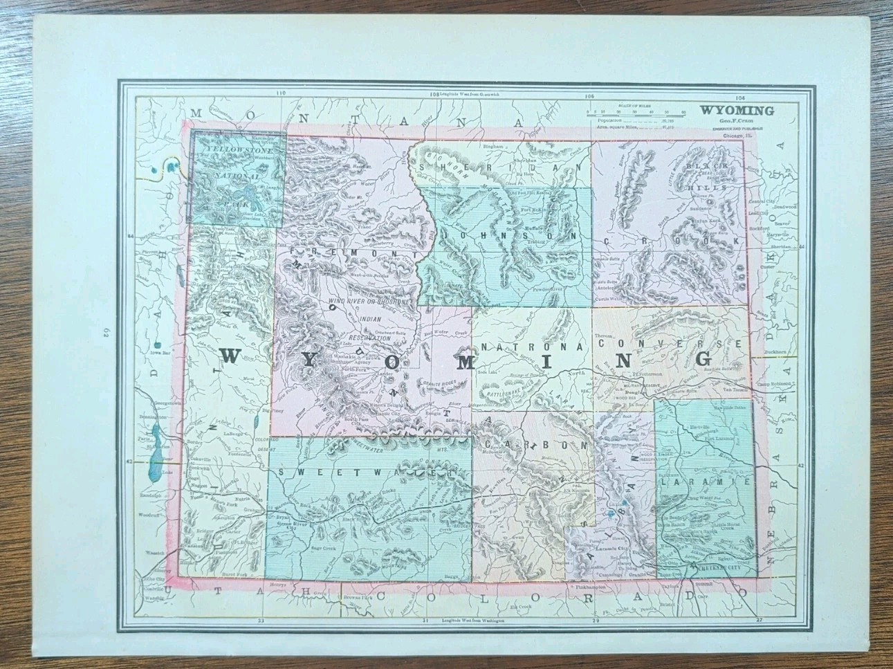Vintage 1889 WYOMING TERRITORY Map 14″x11″ Old Antique Original YELLOWSTONE PARK