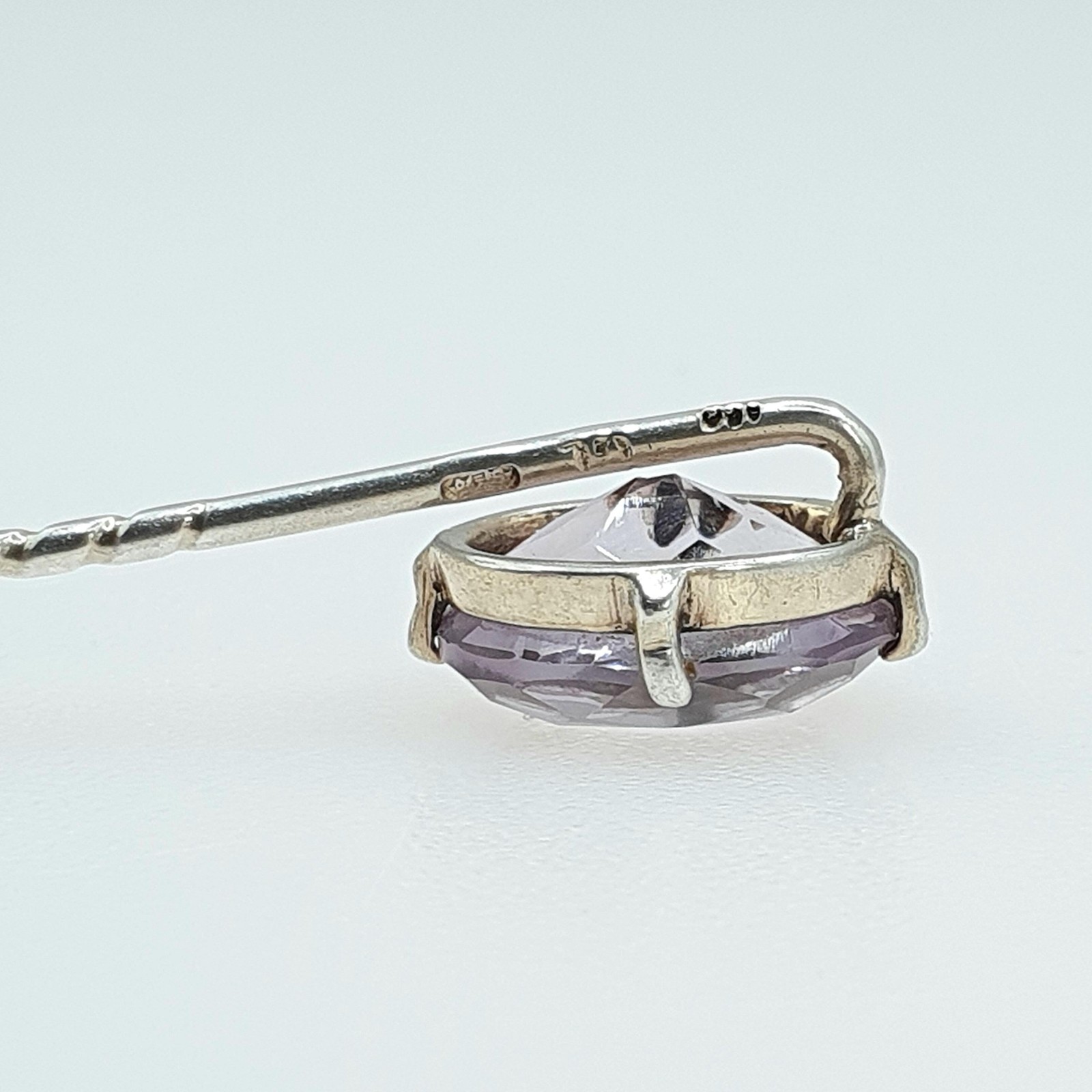 Antique Solid Silver Natural Amethyst Stick Pin Oval Cut Quartz Purple Gemstone