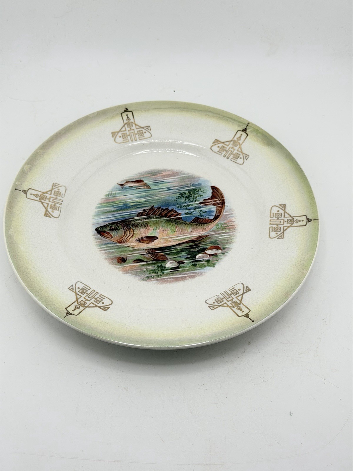 Antique Salmon Fish Plate c1900 Transferware Sporting Lodge Decor