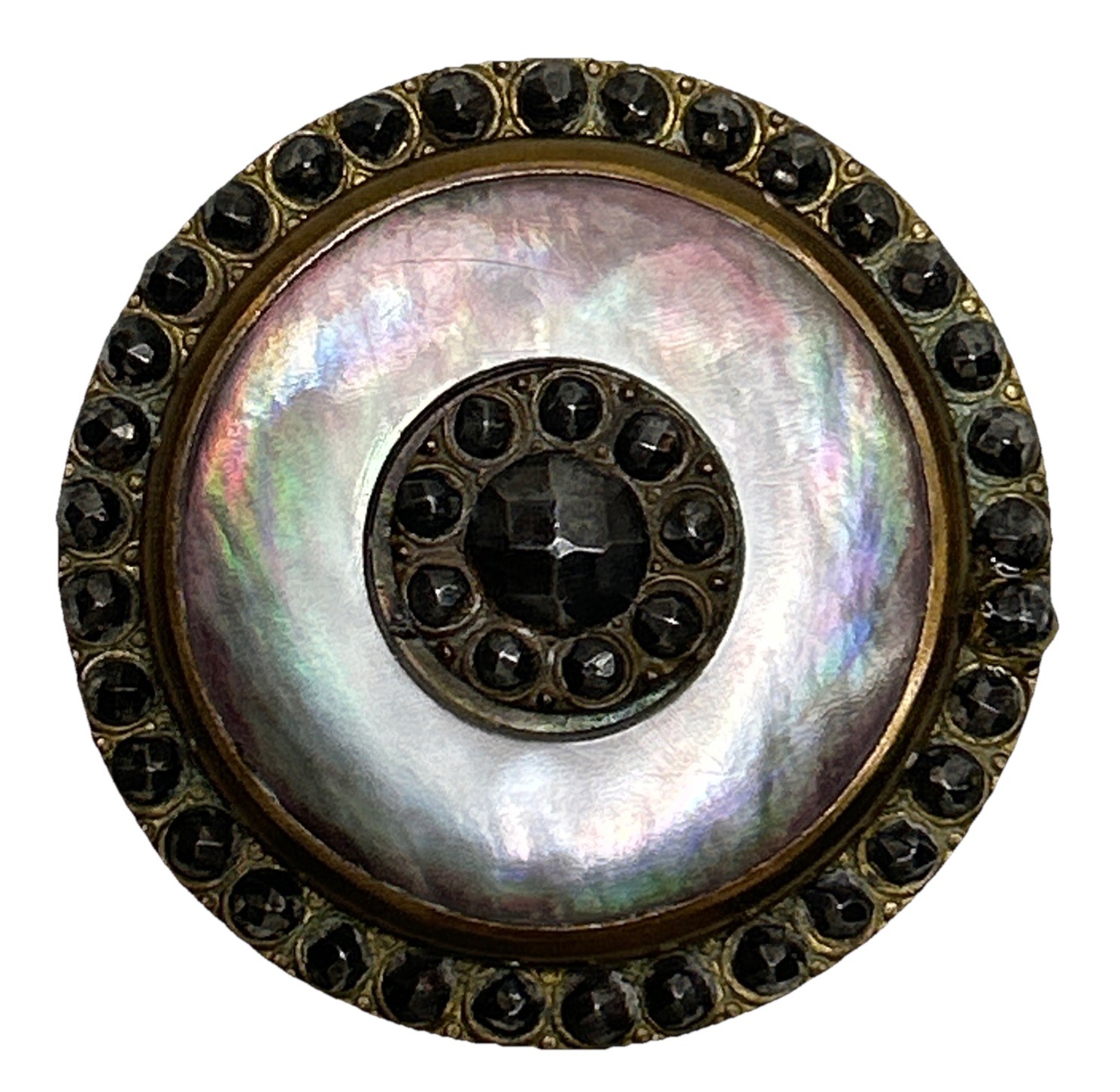 Victorian Mother Of Pearl On Brass Button Multifaceted Steel Perimeter & Center