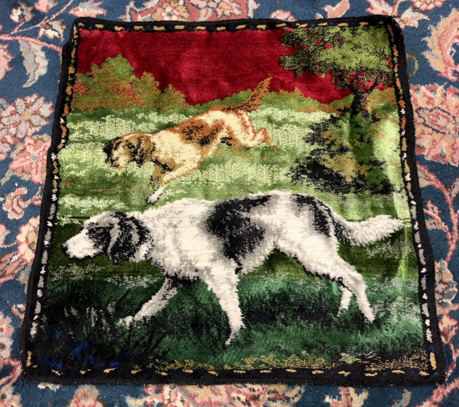 Vtg Tapestry Hunting Dogs Pillow Covering Wall Hanging 17×17 Velvet MCM Italy