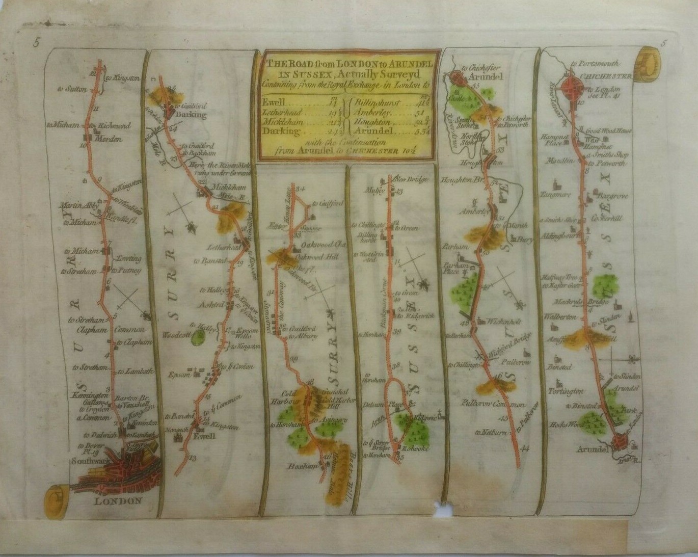 Antique Road Map of London to Arundel by Thomas Kitchin 1767