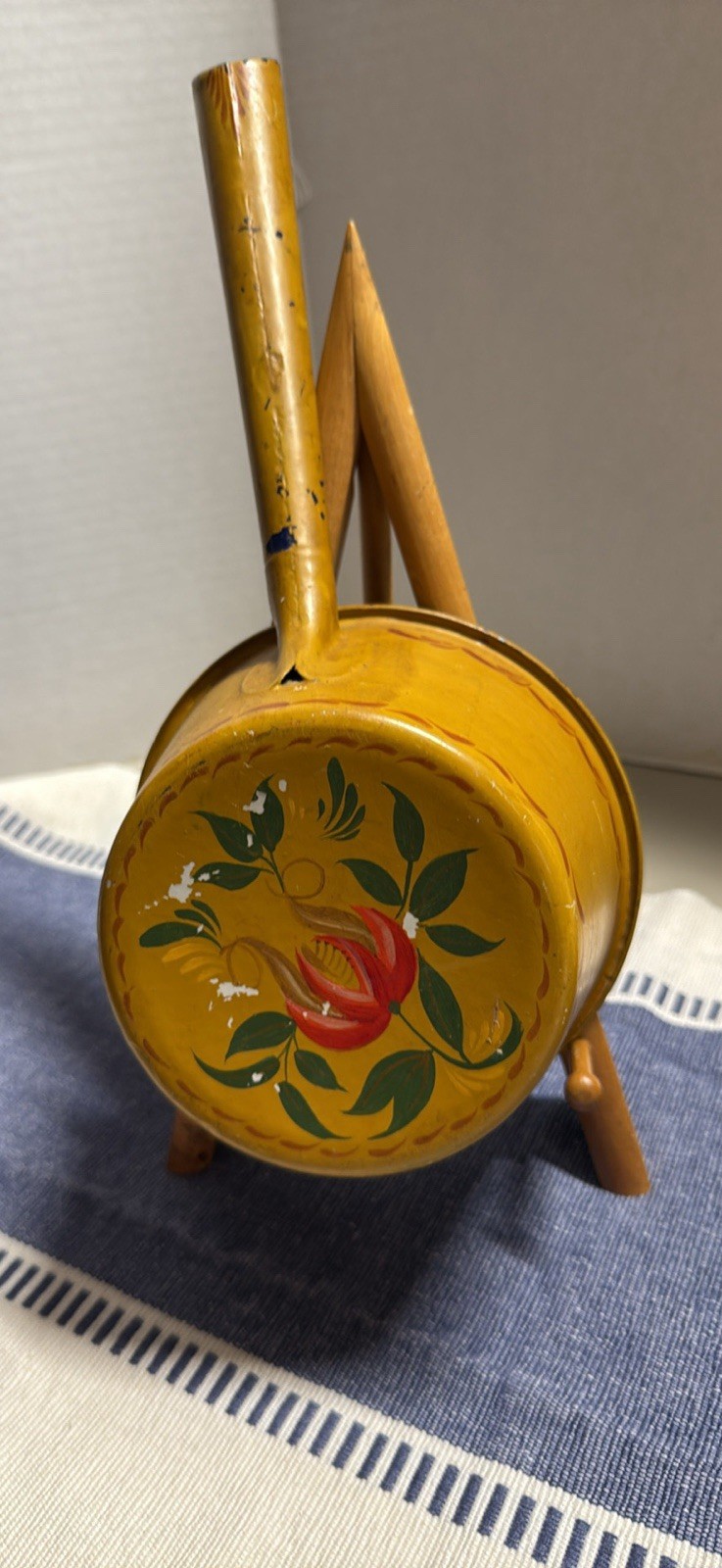 Vintage Enamelware Water Dipper Hand Painted With Folk Art