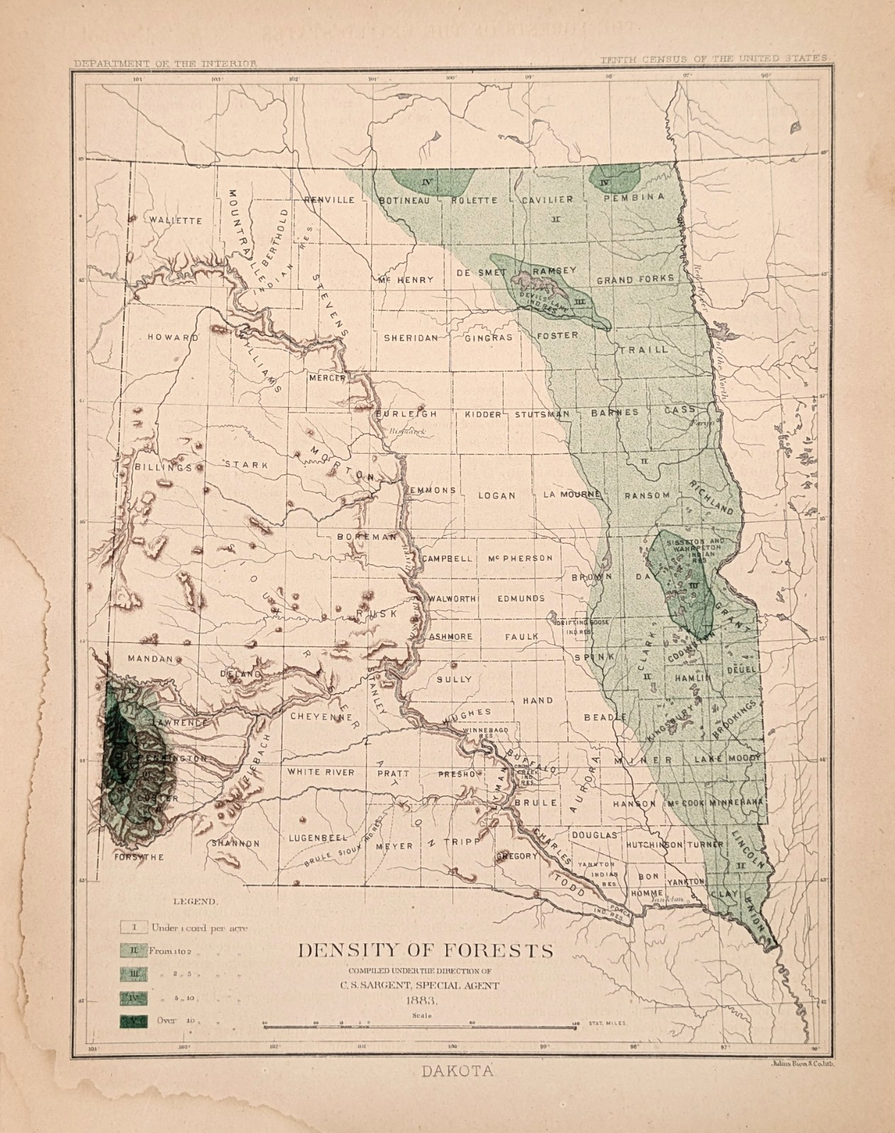 1883 DAKOTA TERRITORY Map ORIGINAL Forest Lands LUMBER INDUSTRY Cord per Acre
