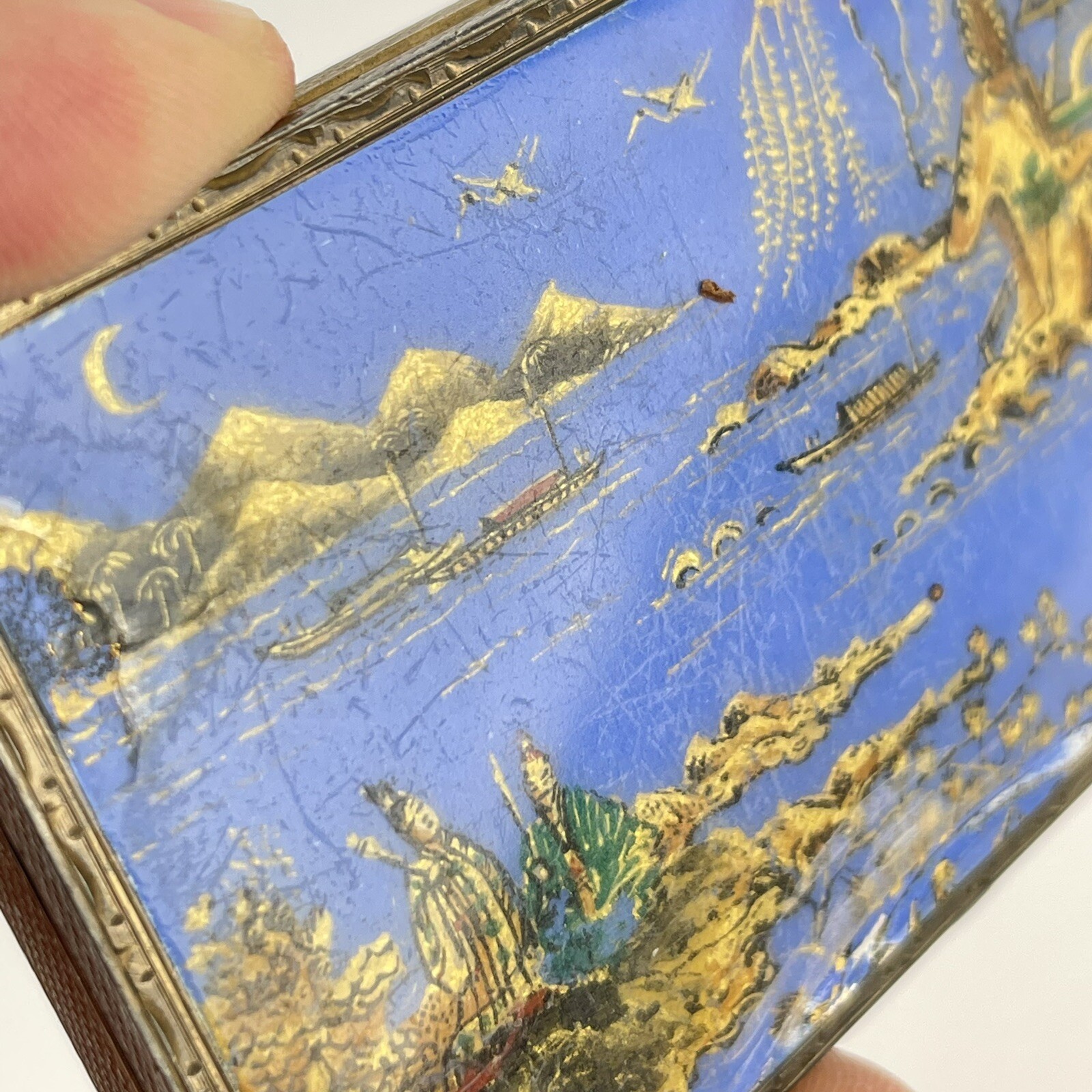 Antique Solid Silver Blue Enamel Asian Scene Snuff Box Henry Clifford Davis 1926
