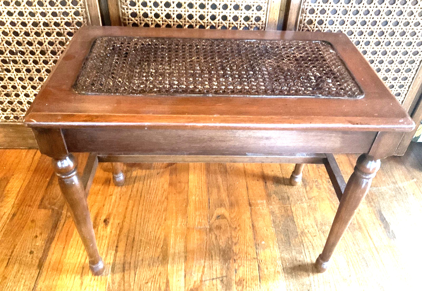 Vintage wood wooden Cane Stool Table Piano Bench seat chair Antique Vanity