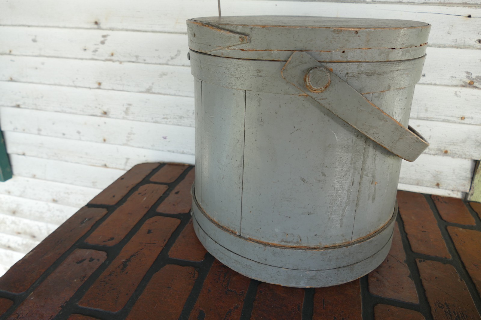 antique primitive original gray paint firkin swing handle lap joint copper nail