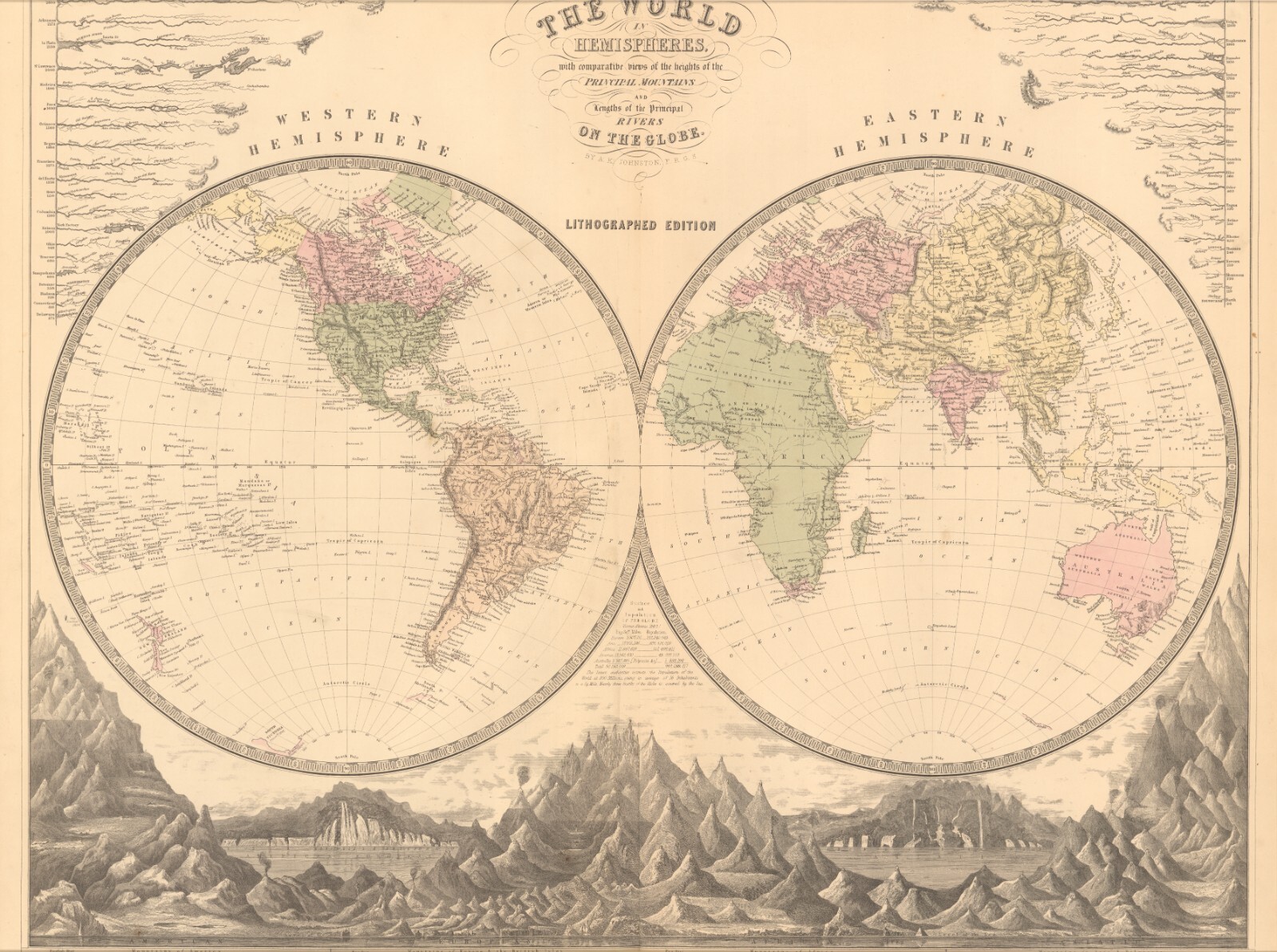 1845 World Hemispheres map by A.K. Johnston ~ 25.8″ x 21.2″ Antique Pastel Color