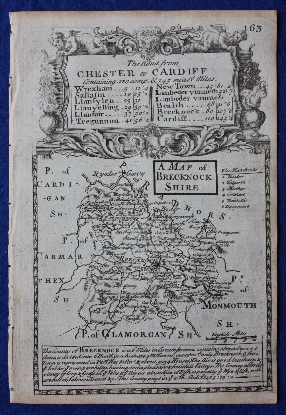 Original antique map, WALES, BRECKNOCKSHIRE, BRECKNOCK, Owen & Bowen, 1724